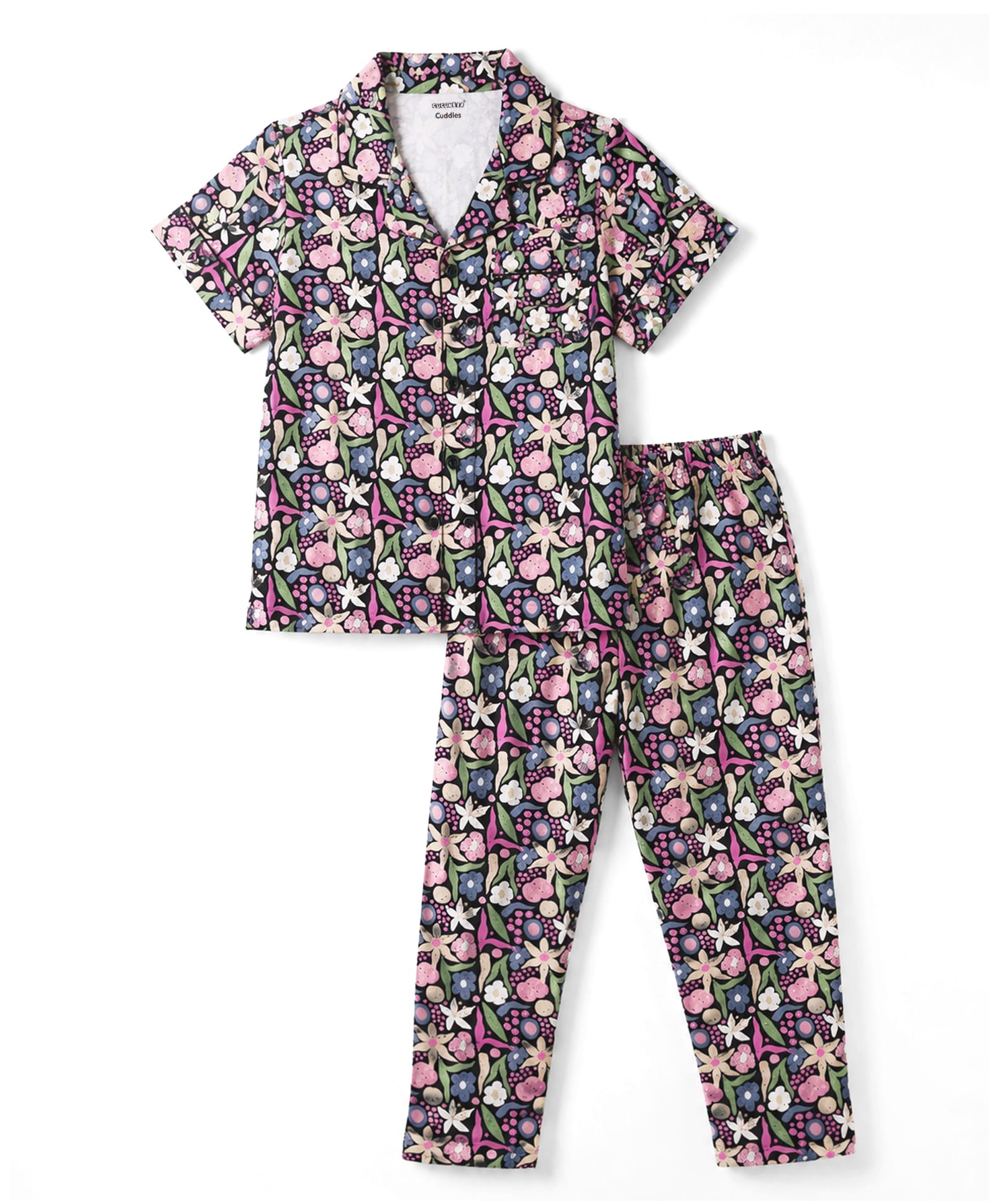 CUCUMBER Knit Half Sleeves Floral Printed Co-Ords Shirt & Pajama Night Suit - Black-image-40