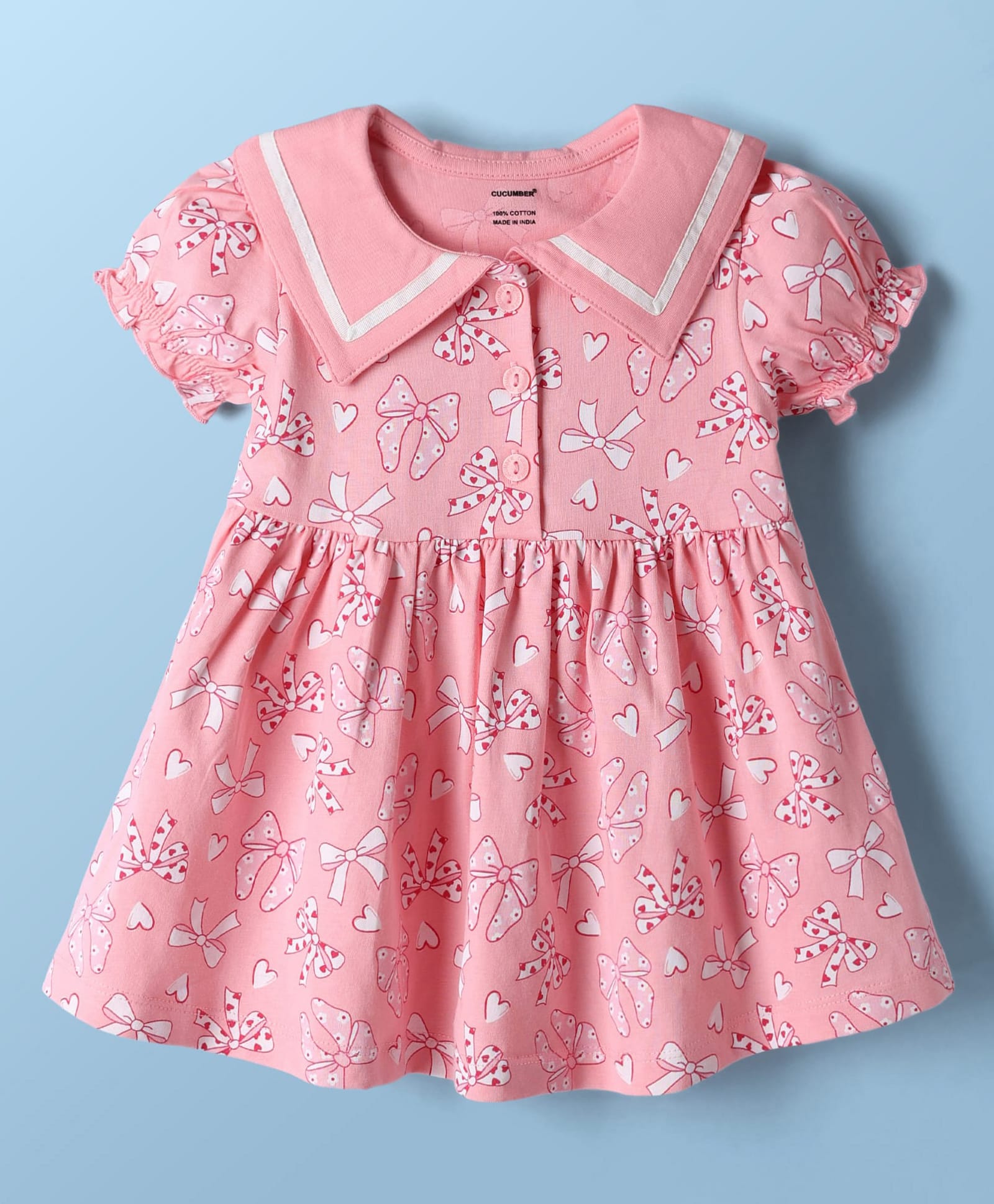 CUCUMBER Sinker Knit Half Sleeves Bow & Hearts Printed Frock - Peach-picture-35
