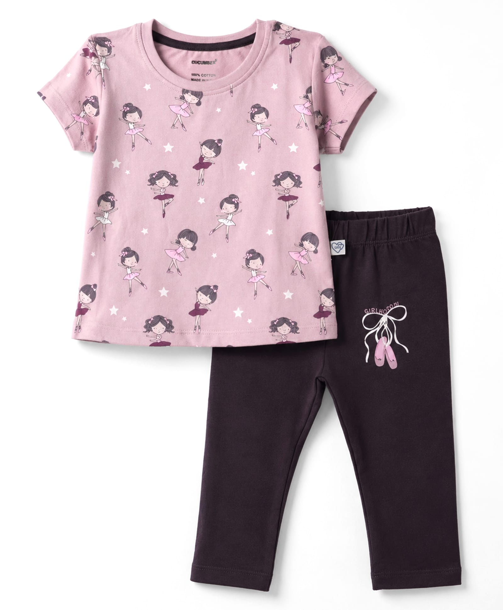 CUCUMBER Knitted Half Sleeves T-Shirt & Pyjama Night Suit with Dancing Girl Print - Pink-image-23