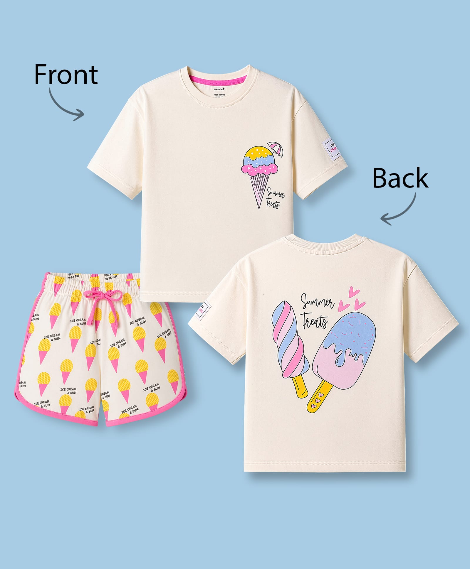 CUCUMBER Sinker Knit Half Sleeves Ice Cream Printed T-Shirt & Shorts Night Suit - Craem-picture-27
