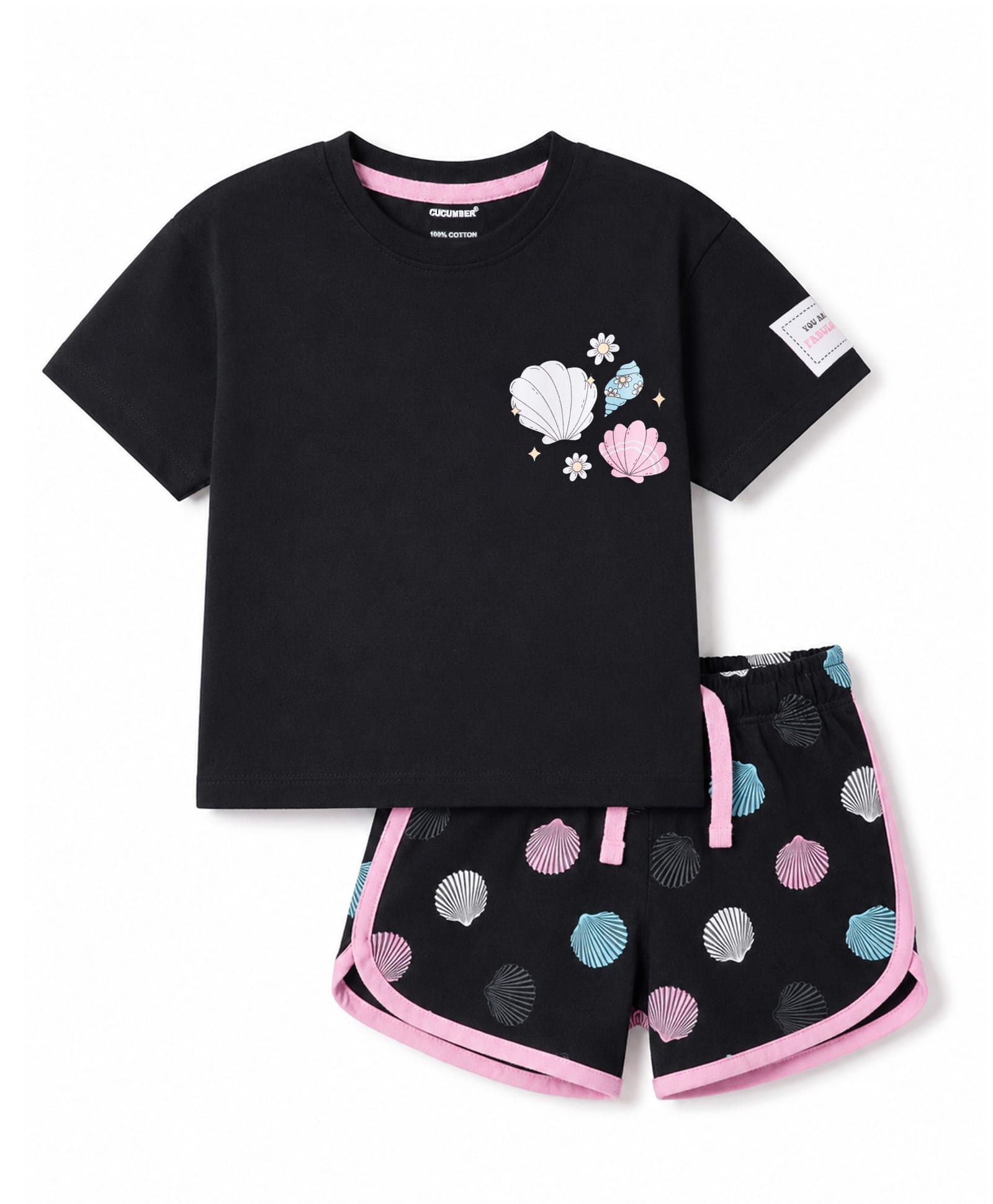 CUCUMBER Sinker Knit Half Sleeves Shell Printed T-Shirt & Shorts Night Suit - Black-image-8