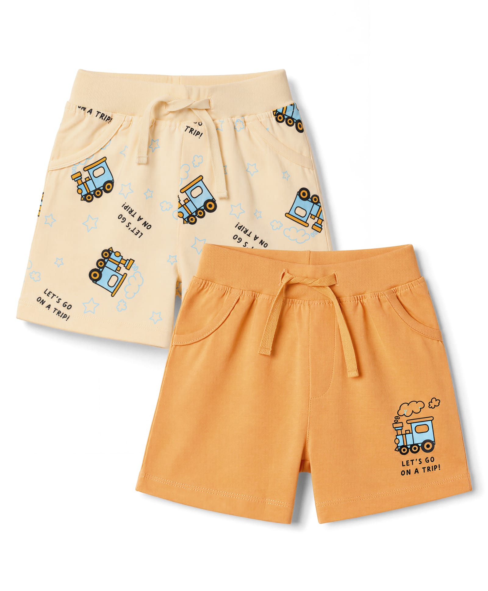 Doodle Poodle 100% Cotton Knit Knee Length Vehicles & Text Printed Shorts Pack of 2 - Peach & Orange-picture-14
