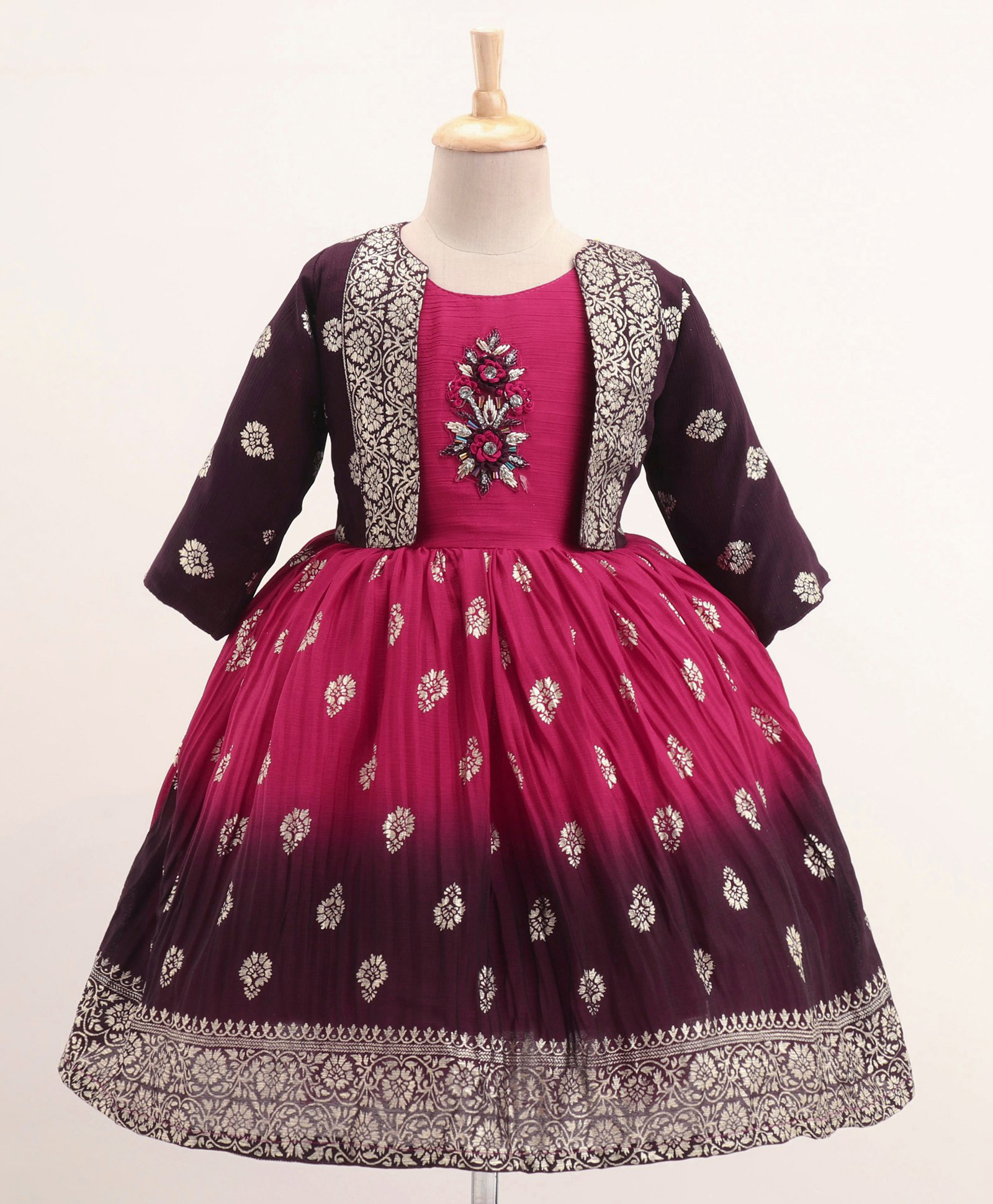 Enfance Woven Seamless Foil Motif Printed & Bead Embellished Patterned Bodice Gradient Dress With Three Fourth Sleeves Shrug - Dark Pink-picture-23