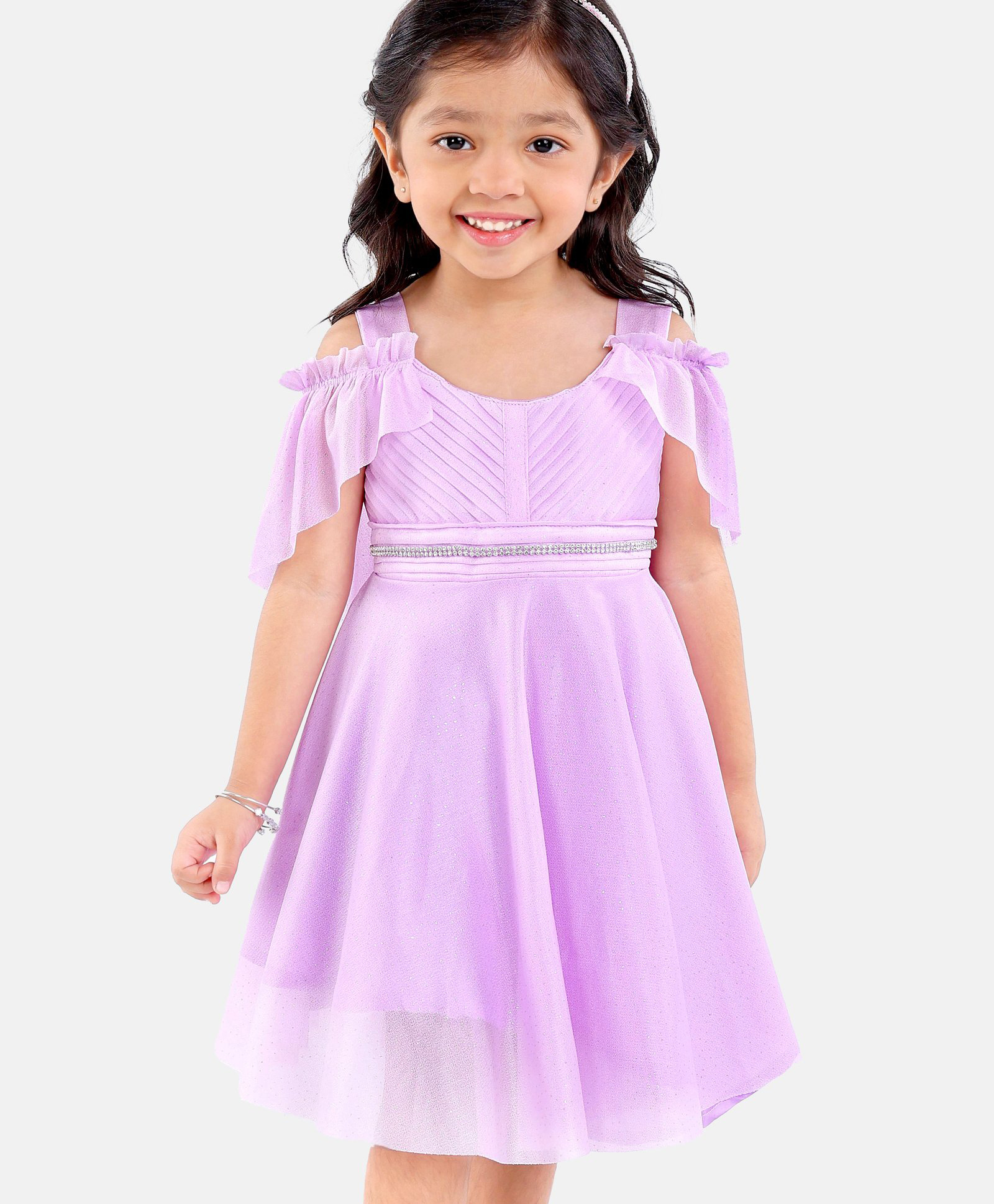 Enfance Net Woven Sleeveless Glittered Pleated Ruched Detail Flared Party Dress With Head Band -Lavender-picture-35