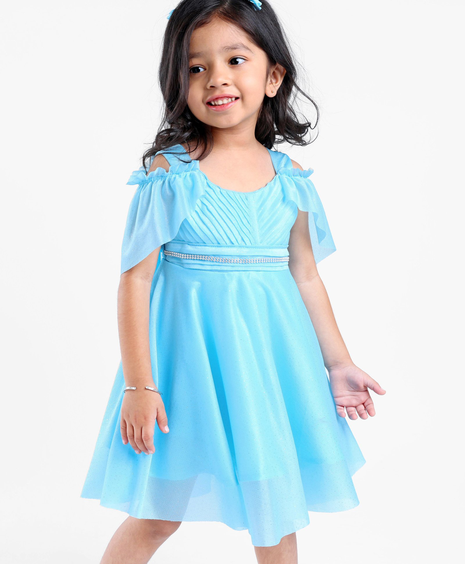 Enfance Net Woven Sleeveless Glittered Pleated Ruched Detail Flared Party Dress With Head Band - Turquoise-picture-32