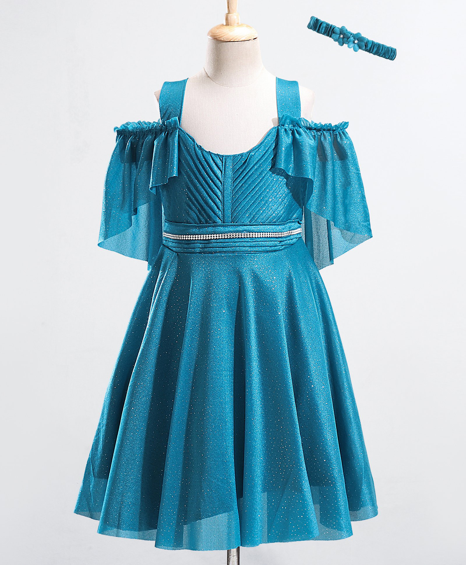 Enfance Net Woven Sleeveless Glittered Pleated Ruched Detail Flared Party Dress With Head Band - Teal Blue-picture-30