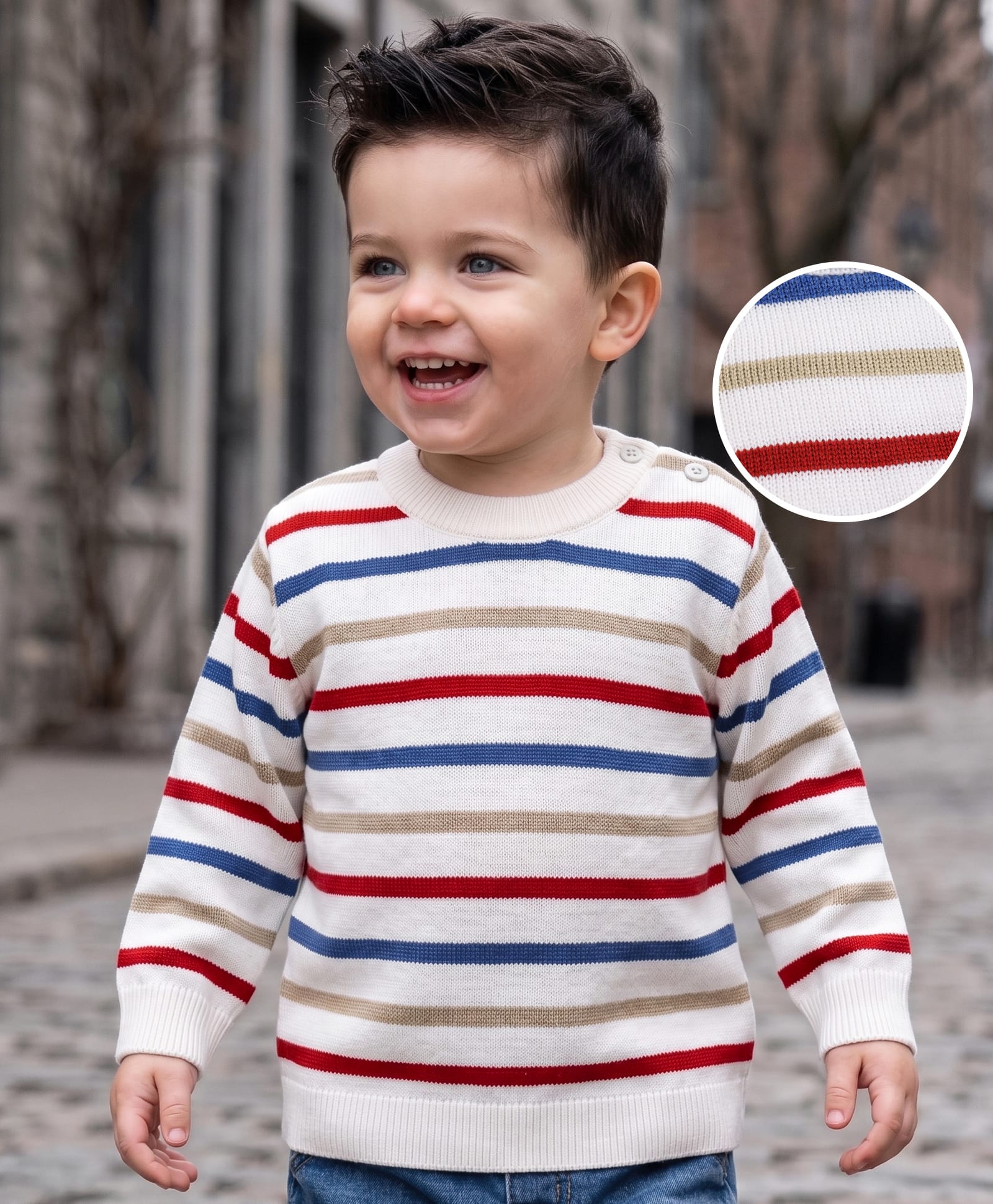 Babyoye Cotton Knit Full Sleeves Striped Pullover Sweater - White-picture-37