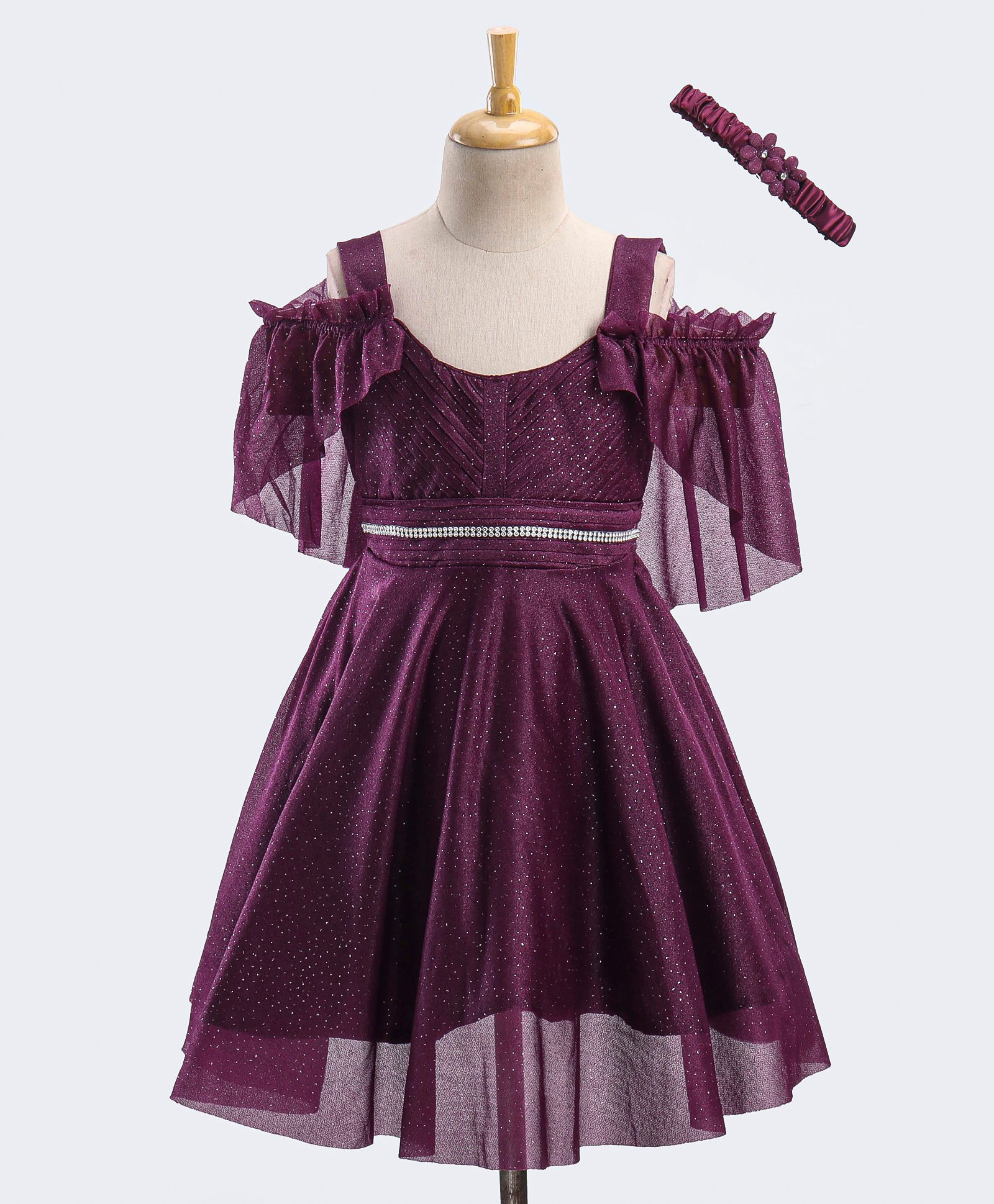 Enfance Net Woven Sleeveless Glittered Pleated Ruched Detail Flared Dress With Headband - Wine-picture-36