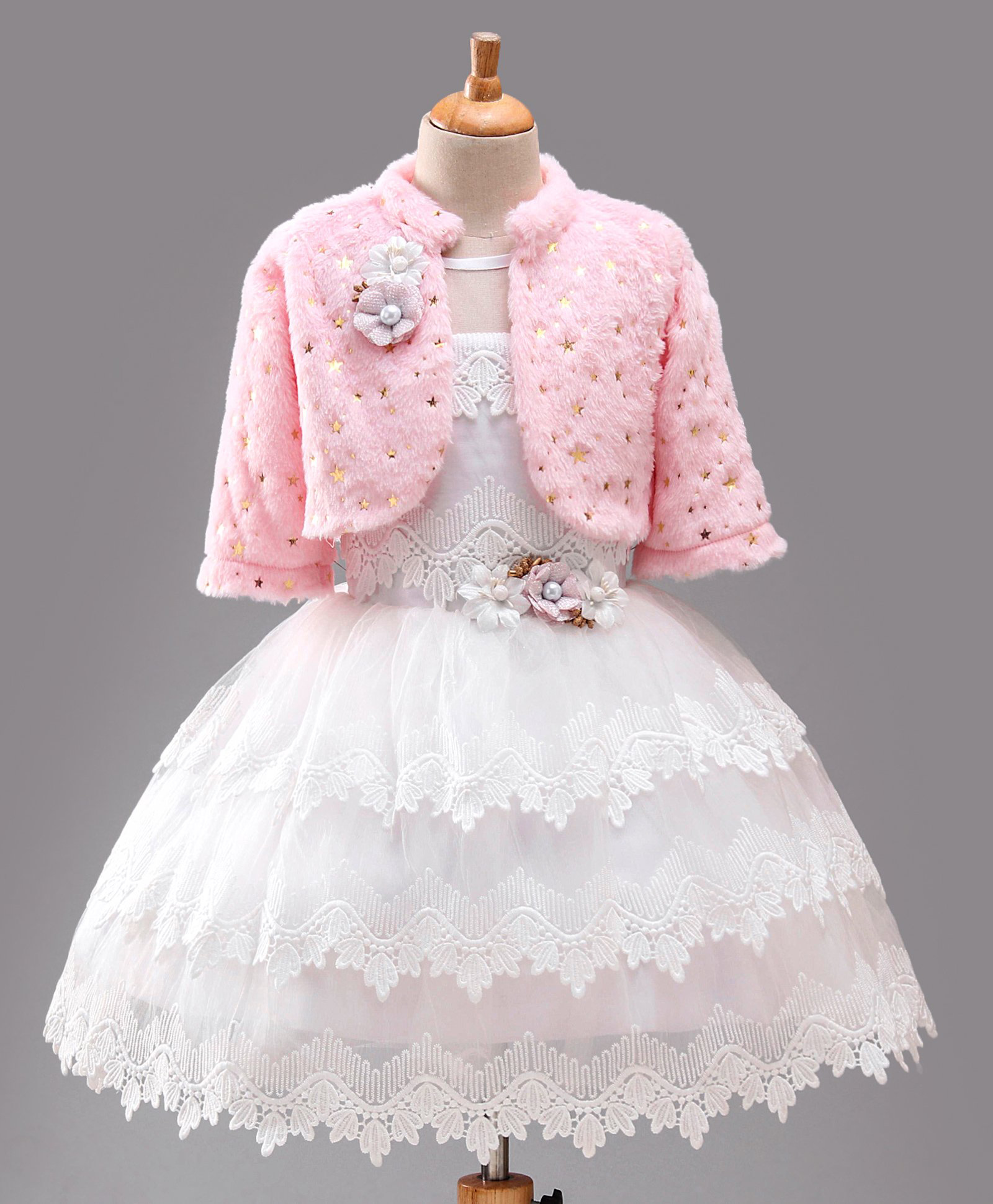 Enfance Net Woven Sleeveless Layered Party Dress With Golden Star Full Sleeves Fur Shrug With Corsage -Pink-picture-9