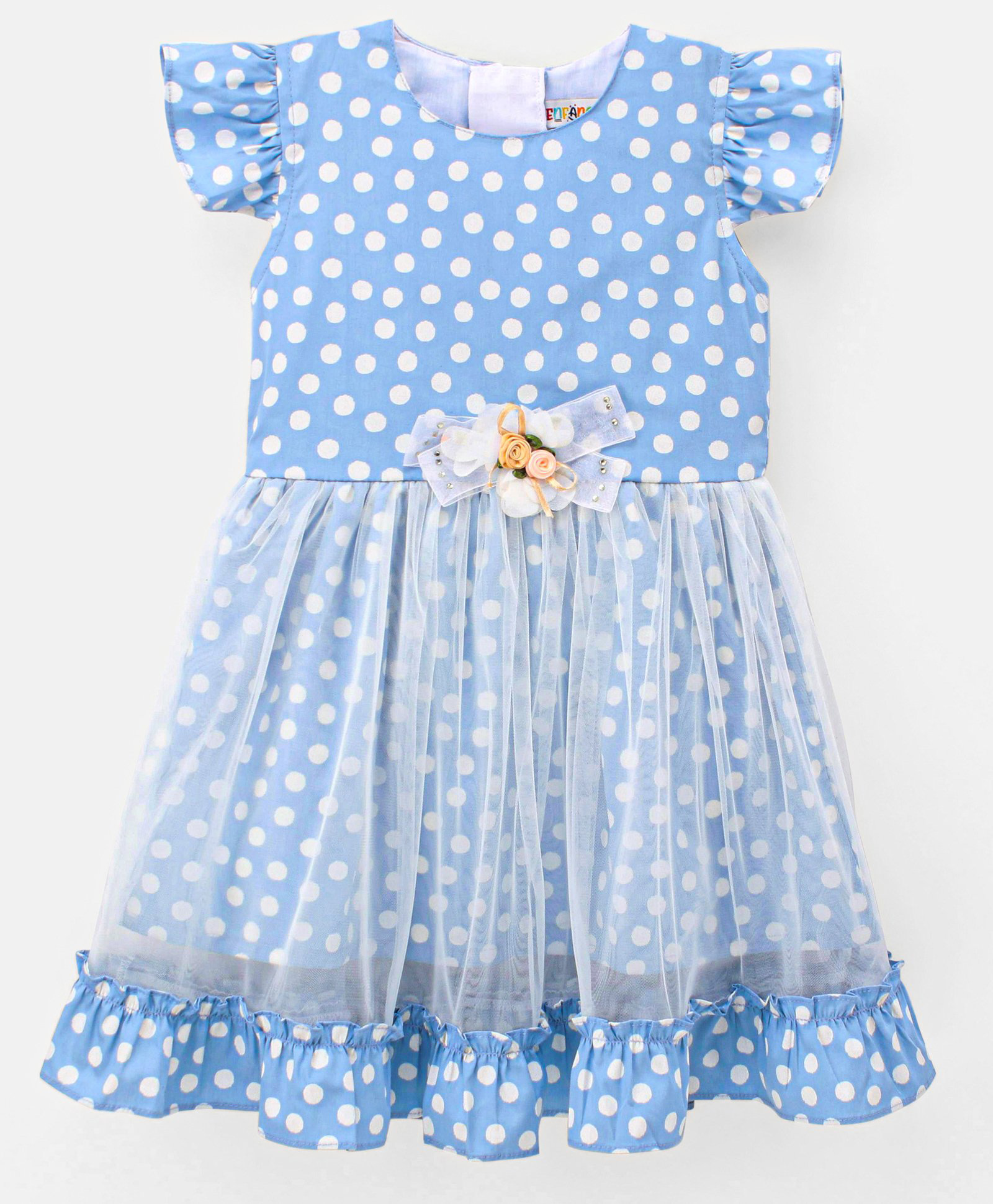 Enfance Net Woven Half Frill Sleeves Polka Dots Printed Party Dress With Bow & Corsage - Light Blue-picture-10