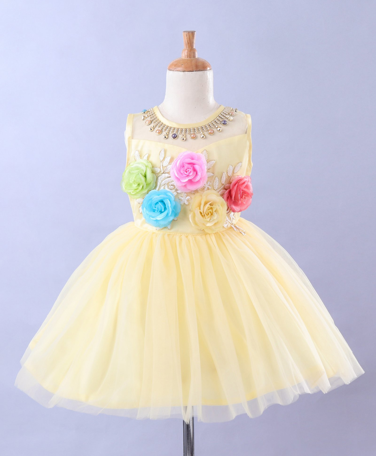 Enfance Net Woven Sleeveless Flared Party Dress With Floral Applique & Pearl Embellishment - Yellow-picture-48