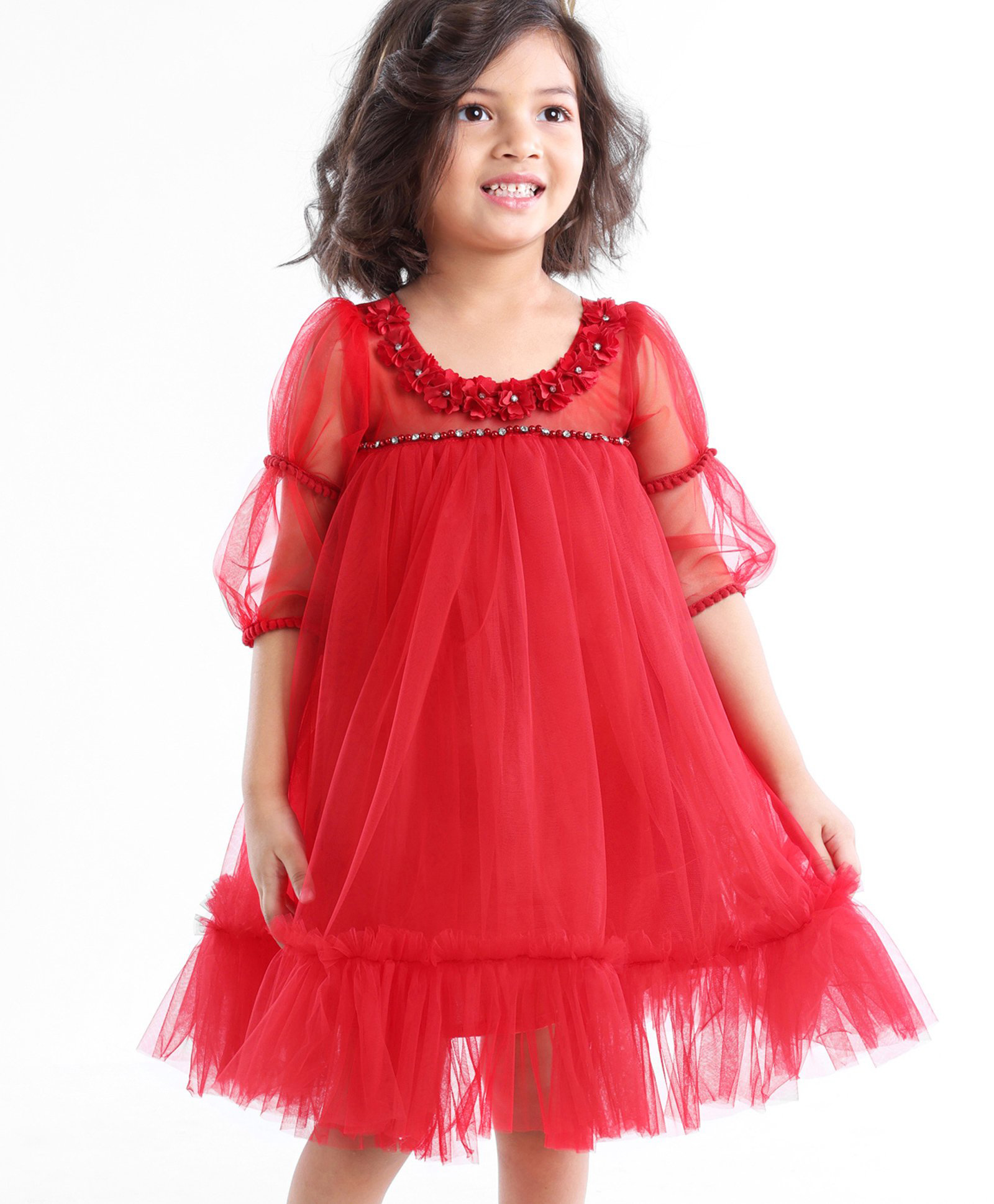 Enfance Net Woven Three Fourth Sleeves Solid Party Dress With Floral Applique - Red-picture-11