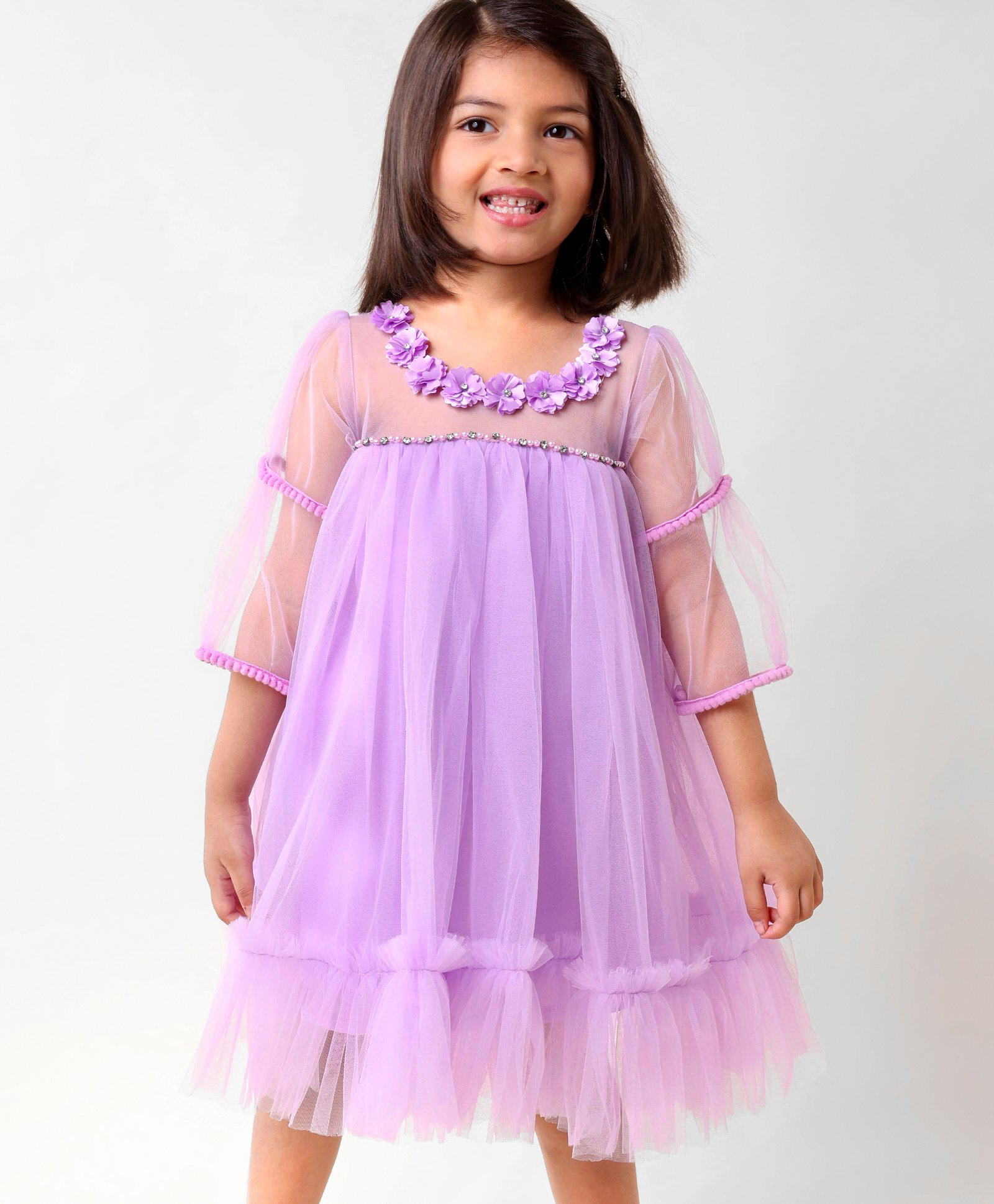 Enfance Net Woven Three Fourth Sleeves Solid Party Dress With Floral Applique - Lavender-picture-41