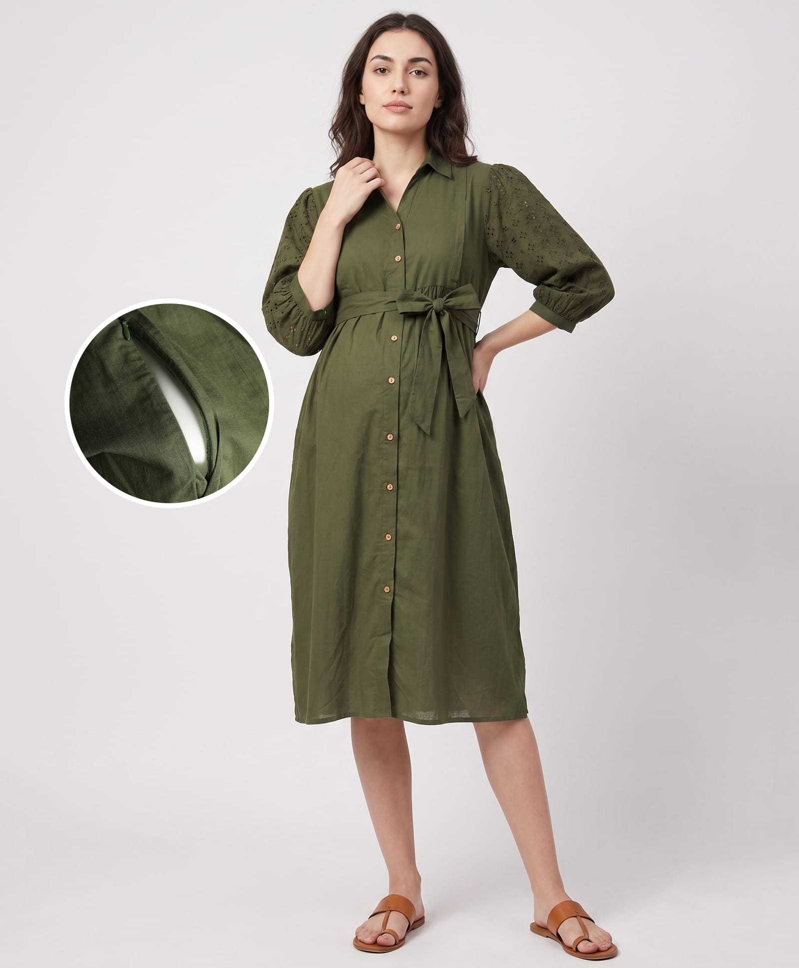Bella Mama Cotton Woven Three Forth Sleeves Solid Schiffli Maternity Shirt Dress - Green-image-41