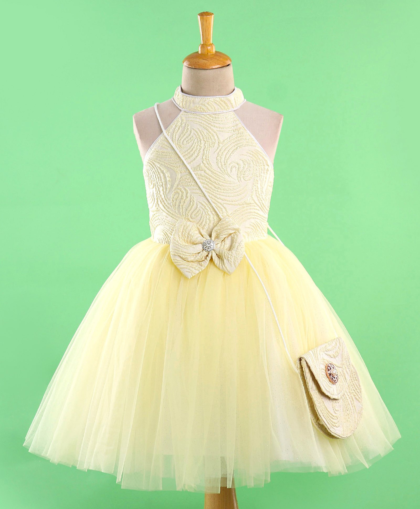 Enfance Net Woven Sleeveless Textured Party Dress With Bow Applique & Sling Bag - Yellow-image-27