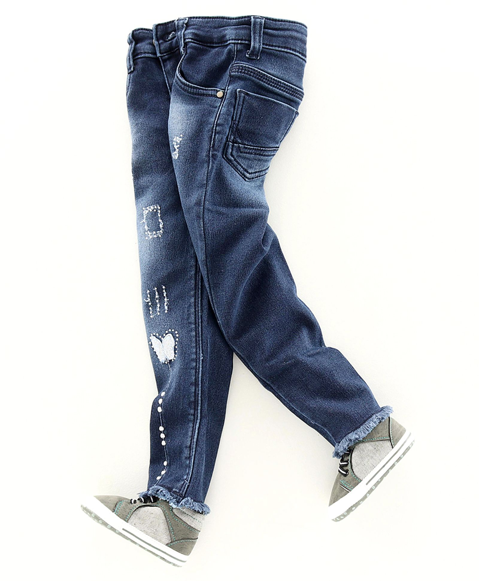 Enfance Denim Woven Full Length Washed Jeans With Distressed & Butterfly Embroidery - Royal Blue-picture-22