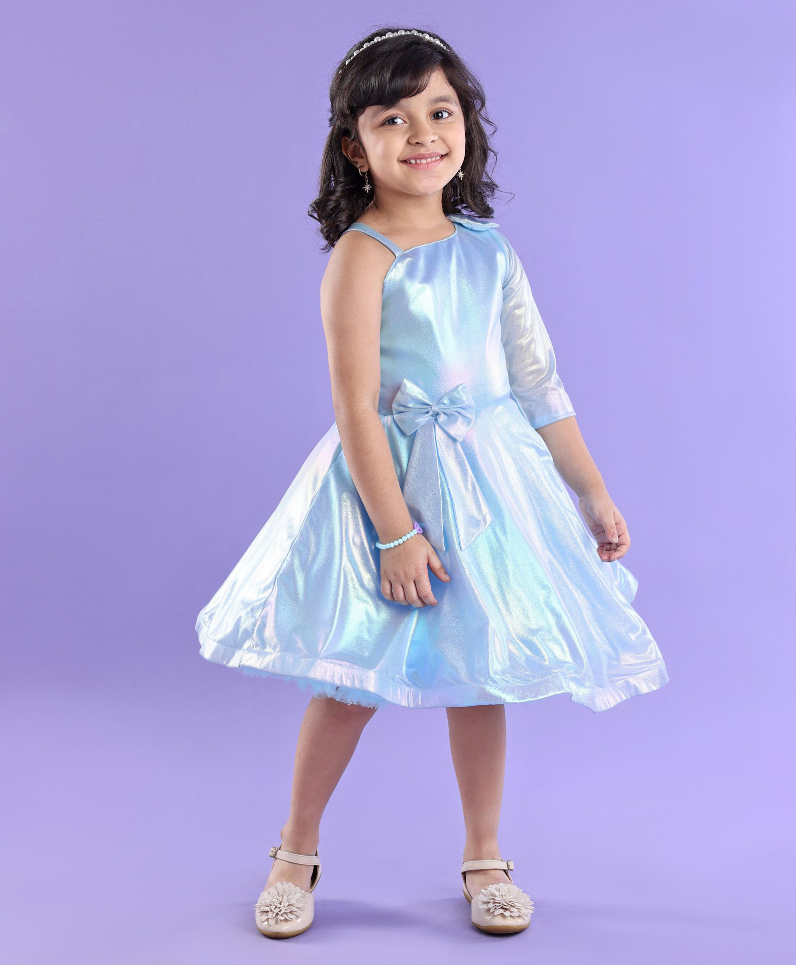 Enfance Net Woven One Shoulder Full Sleeves Solid Party Dress With Bow Applique - Light Blue-image-25