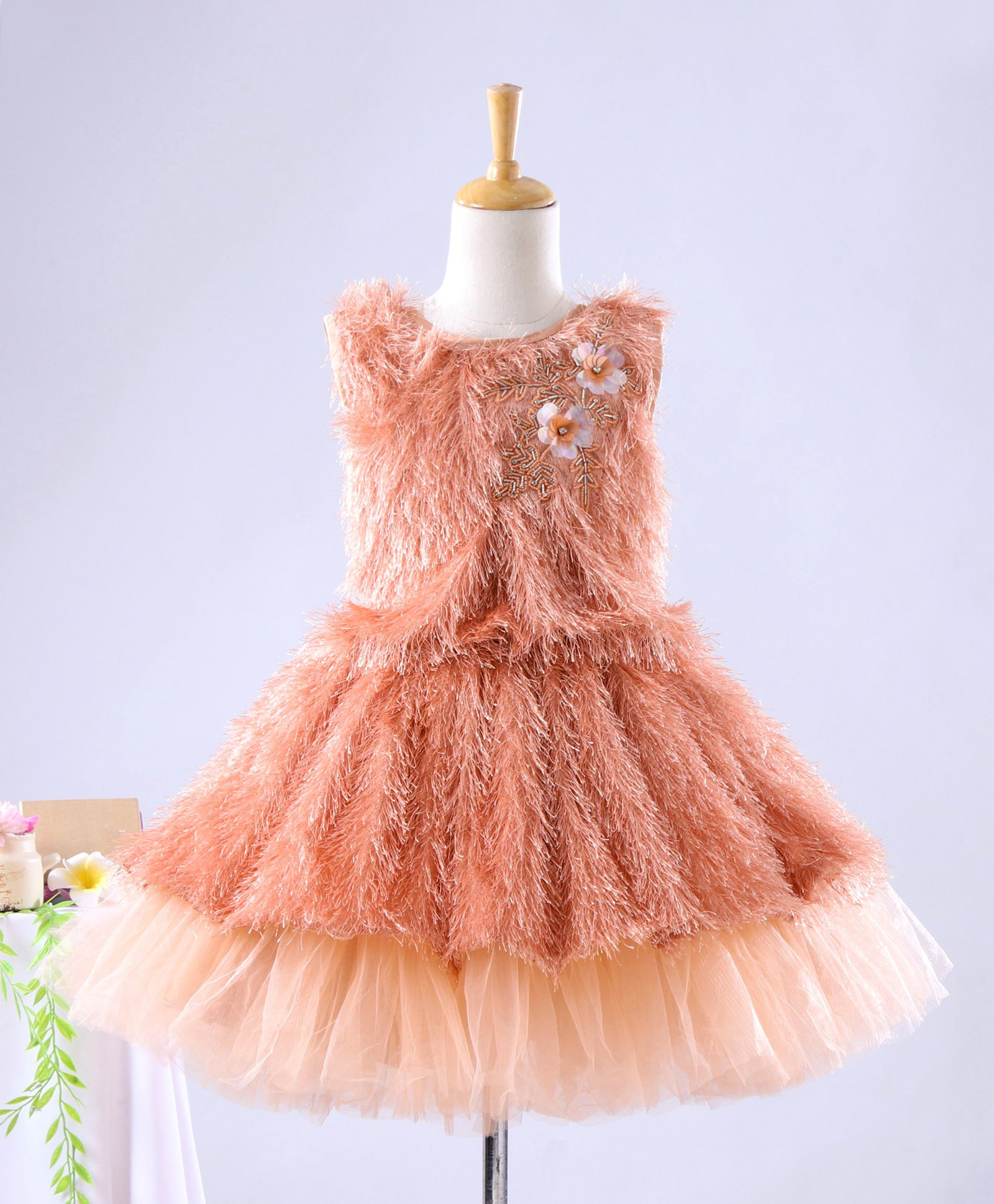 Enfance Net Woven Sleeveless Party Dress With Floral Applique & Embroidery - Peach-picture-46