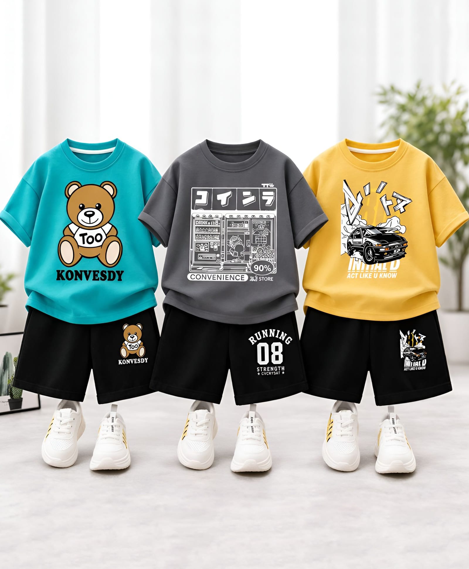 Googo Gaaga Cotton Knit Pack Of 3 Half Sleeves Teddy Japanese Text & Car Printed Tees & Shorts Set - Blue Grey & Yellow-image-28