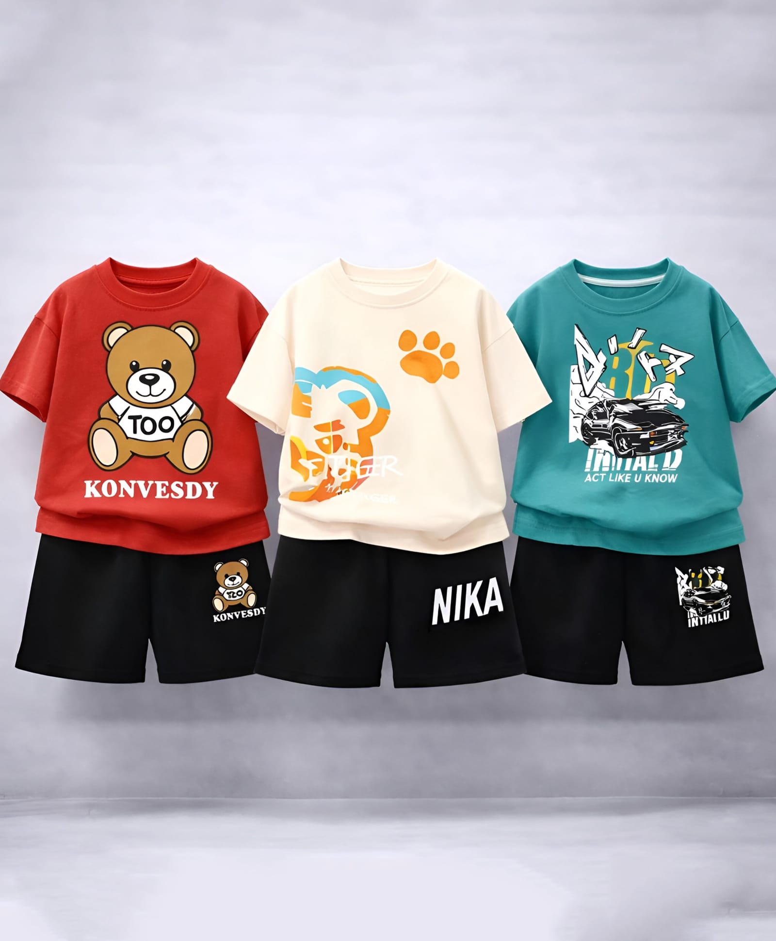 Googo Gaaga Cotton Knit Pack Of 3 Half Sleeves Teddy Animal & Car Printed Tees & Shorts Set - Red White & Blue-picture-23