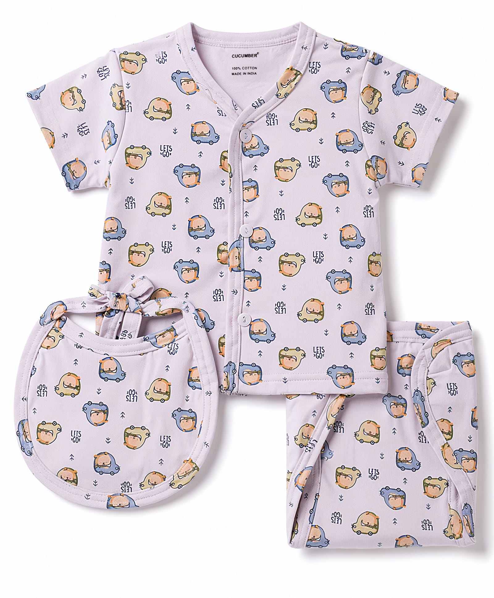 CUCUMBER Sinker Knit Half Sleeves T-shirt & Shorts Co-ords Night Suit With Bibs & Vehicle Print - Lilac-picture-2