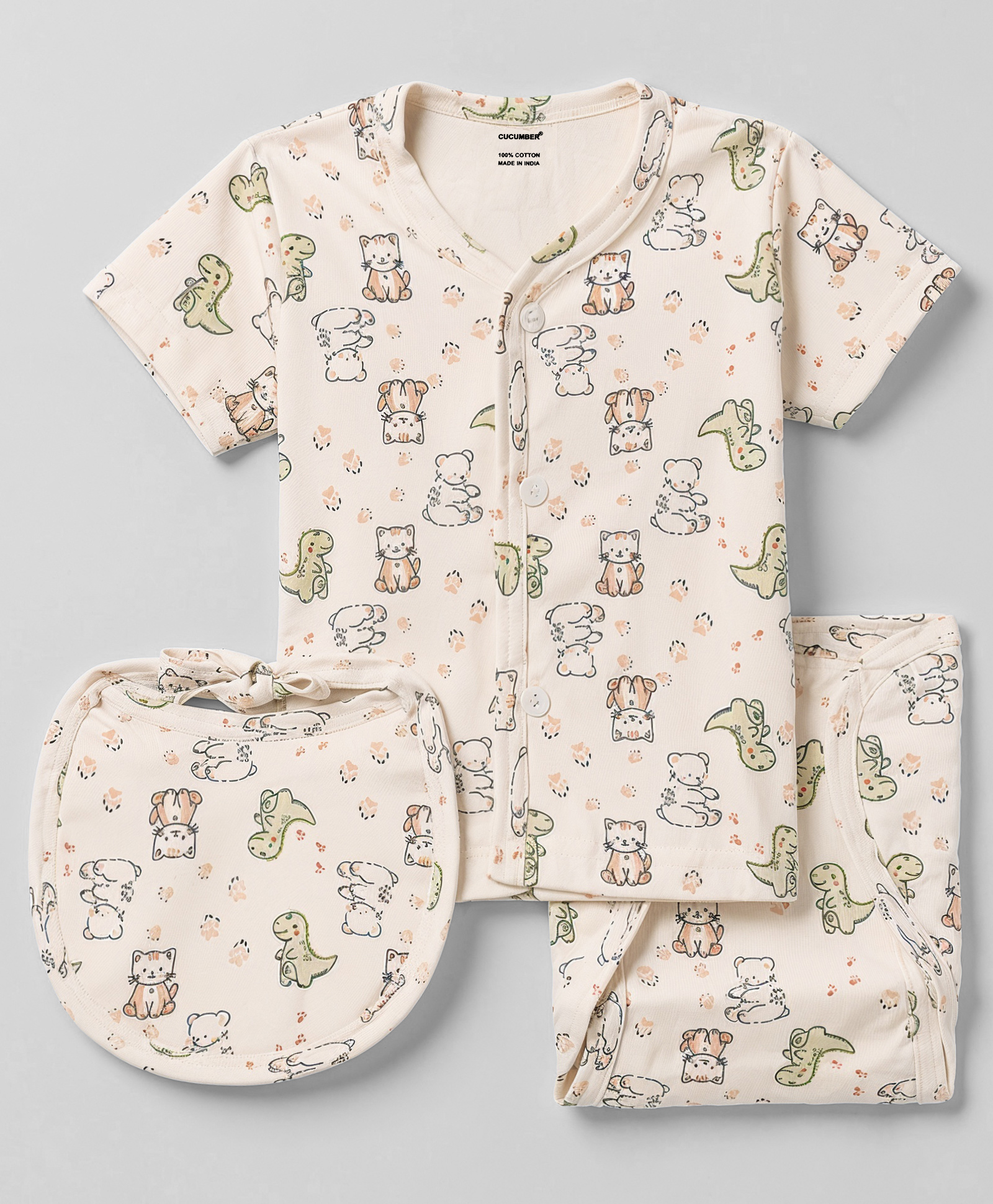 CUCUMBER Sinker Knit Half Sleeves T-shirt & Shorts Co-ords Night Suit With Bibs & Animal Print - Cream-image-48