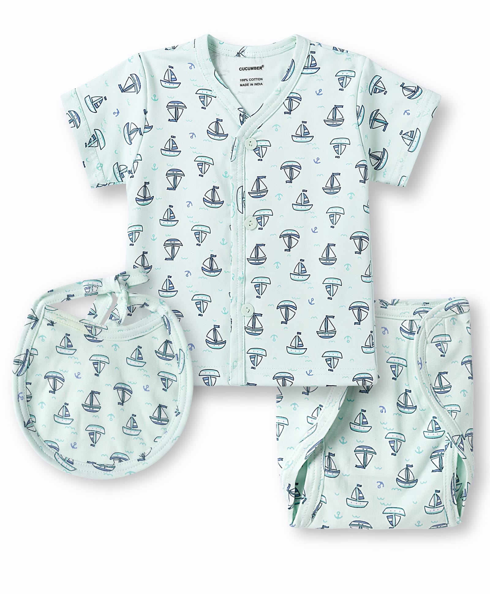 CUCUMBER Sinker Knit Half Sleeves T-shirt & Shorts Co-ords Night Suit With Bibs & Nautical Print - Aqua Blue-picture-17