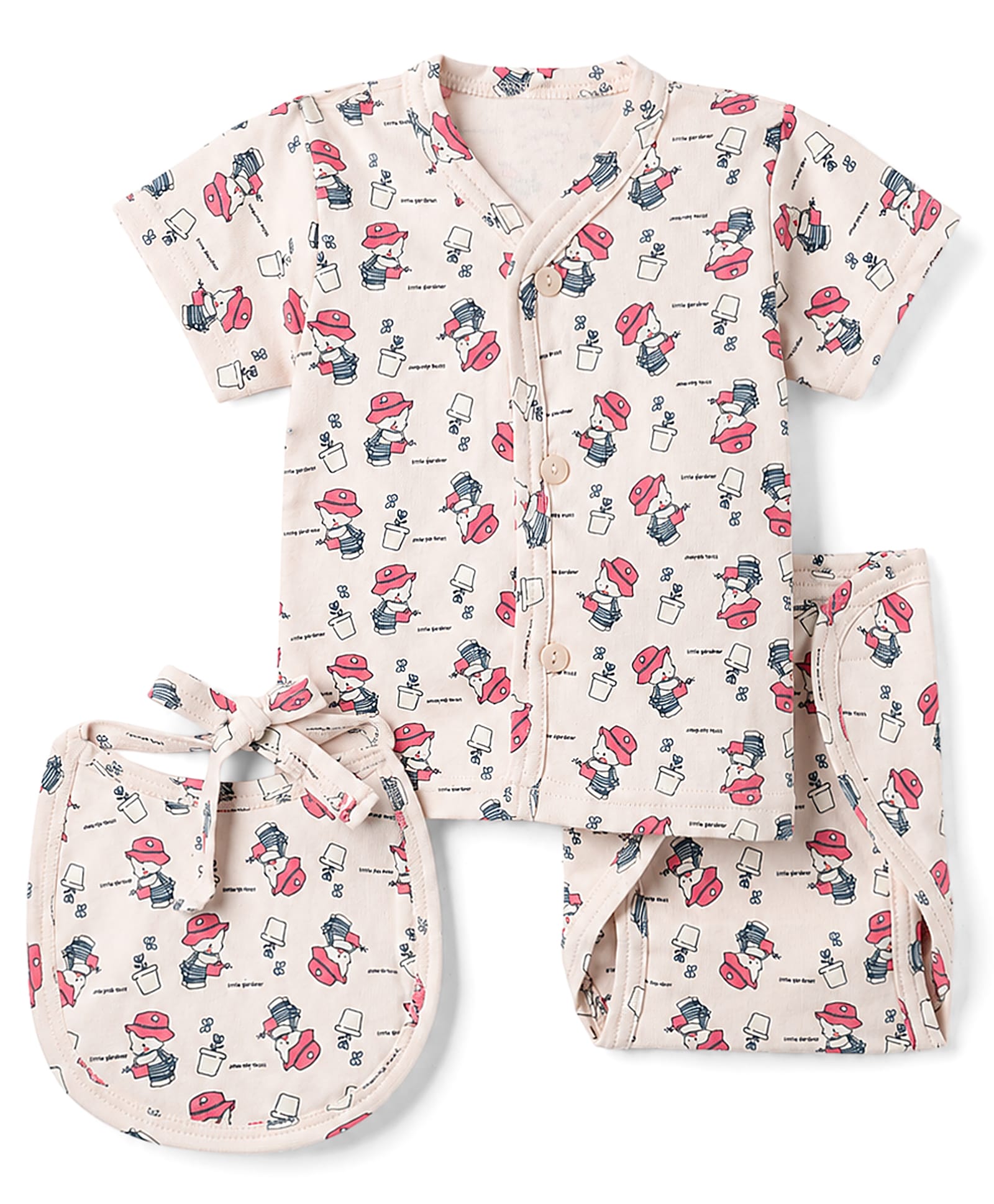 CUCUMBER Sinker Knit Half Sleeves T-shirt & Shorts Co-ords Night Suit With Bibs & Teddy Bear Print - Baby Pink-picture-22