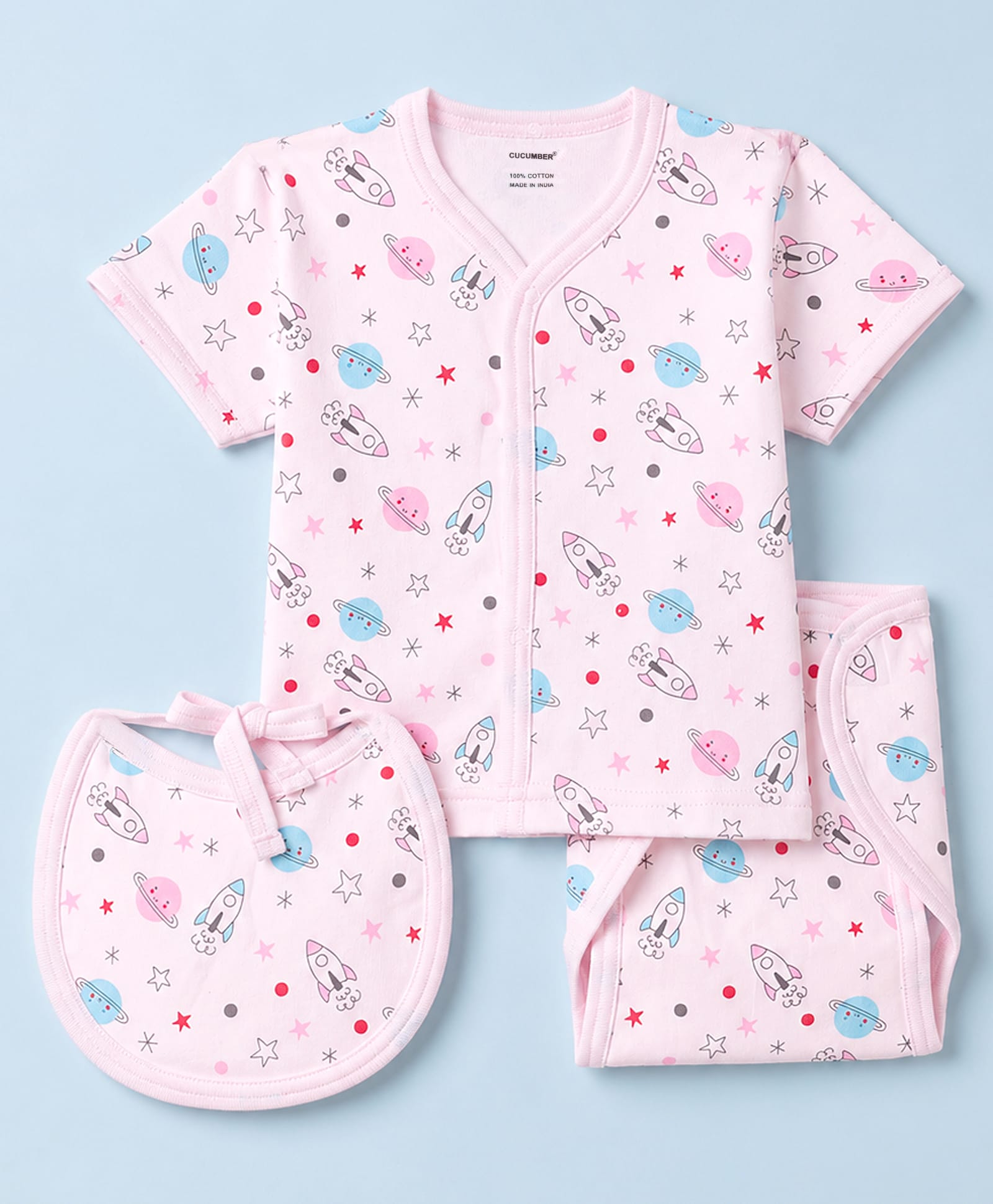 CUCUMBER Sinker Knit Half Sleeves T-shirt & Shorts Co-ords Night Suit With Bibs & Space Theme Print - Baby Pink-image-4