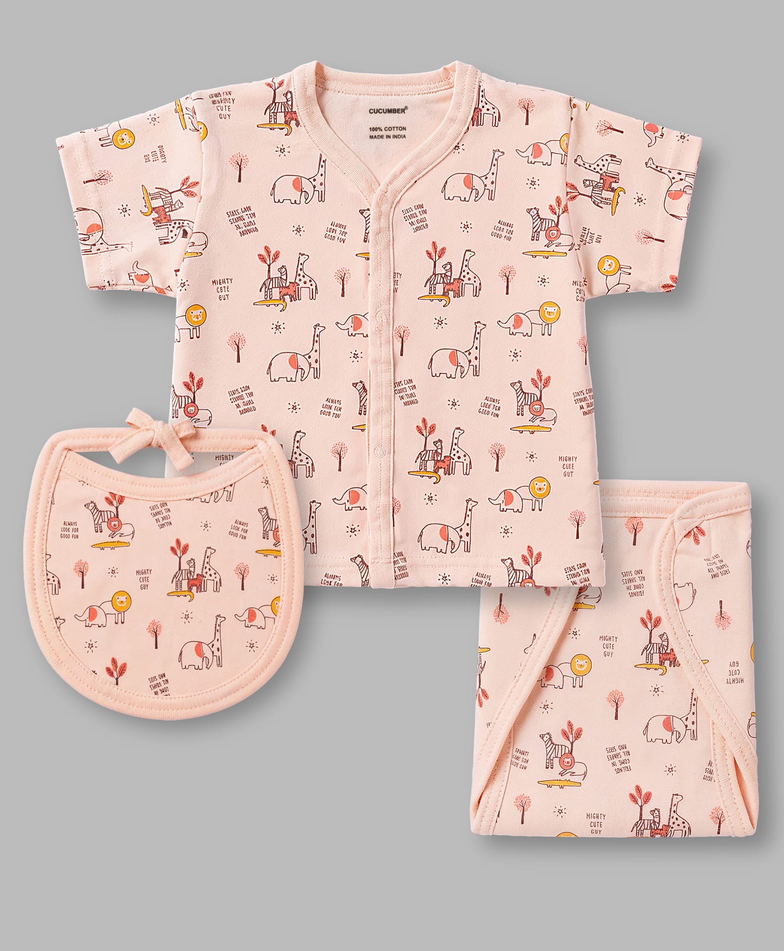 CUCUMBER Sinker Knit Half Sleeves T-shirt & Shorts Co-ords Night Suit With Bibs & Animal Print - Light Peach-picture-24