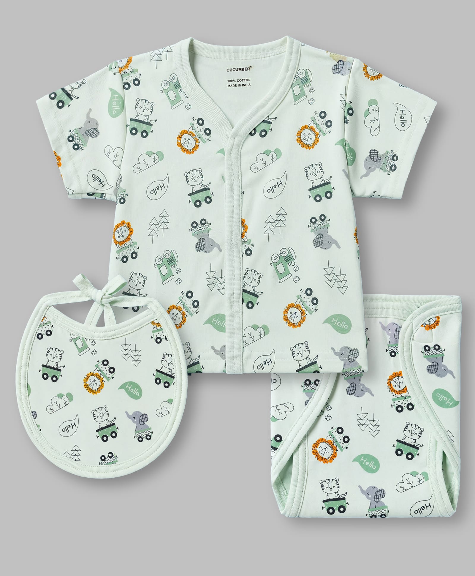 CUCUMBER Sinker Knit Half Sleeves T-shirt & Shorts Co-ords Night Suit With Bibs & Animal Print - Green-picture-11