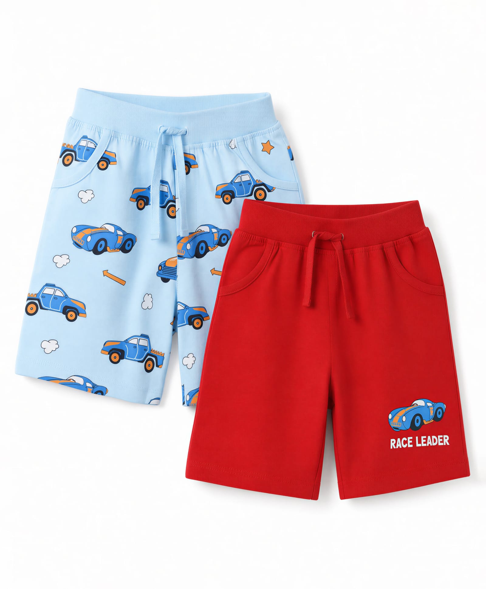 Doodle Poodle 100% Cotton Single Jersey Knit Knee Length Shorts with Car Print Pack of 2 - Light Blue & Red-picture-21