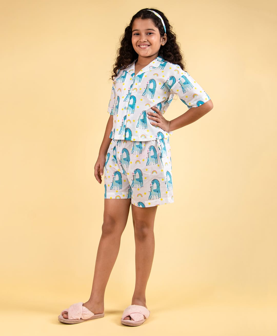 tweeny mini 100% Pure Cotton Woven Half Sleeves Giraffes Printed Coordinating Shirt & Shorts Night Suit With Headband Set - Blue-picture-13