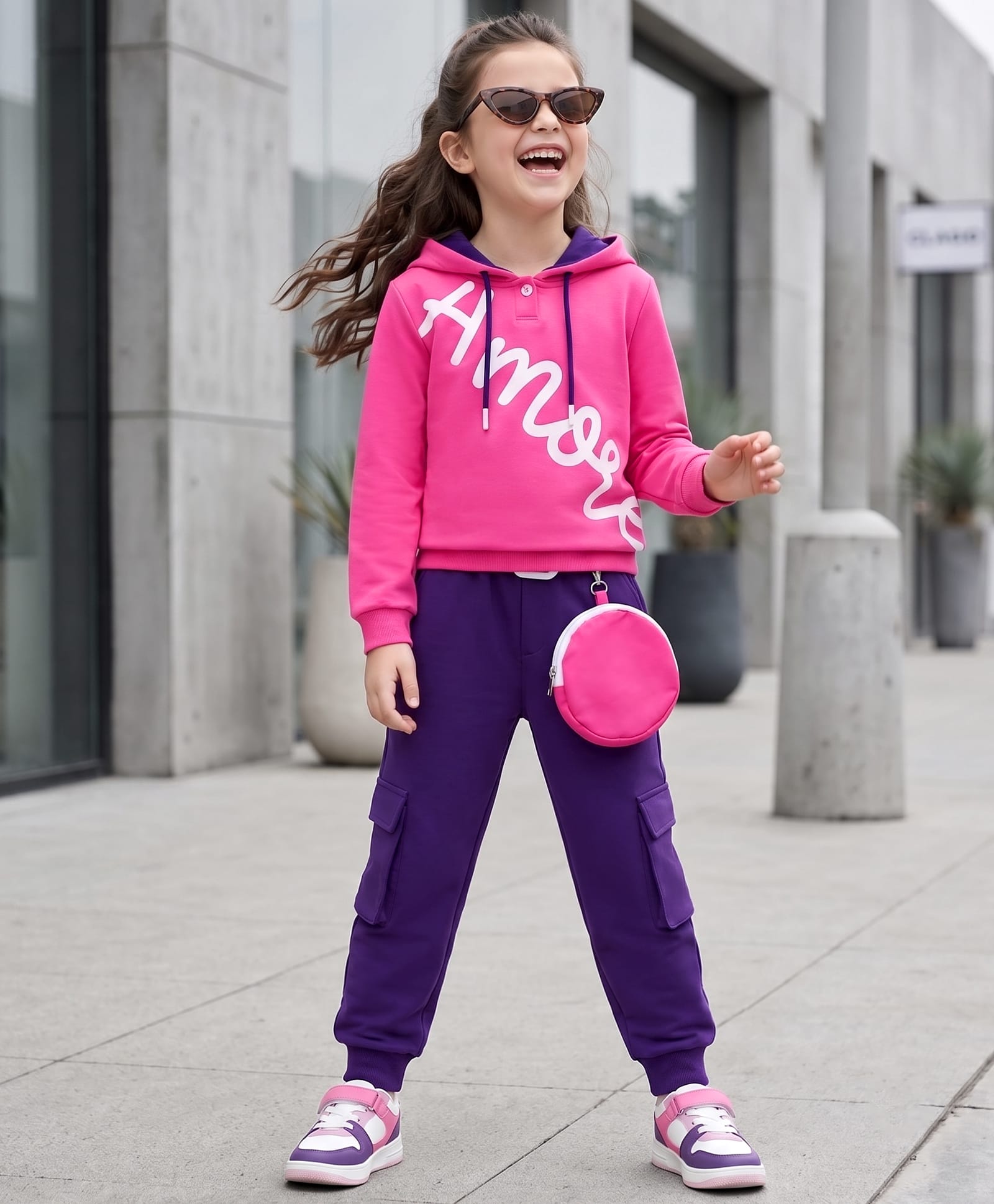 OLLINGTON ST. Cotton Looper Knit Winter Wear Full Sleeves Hooded Text Printed Sweatshirt & Joggers with Pouch & Belt - Pink & Purple-image-24