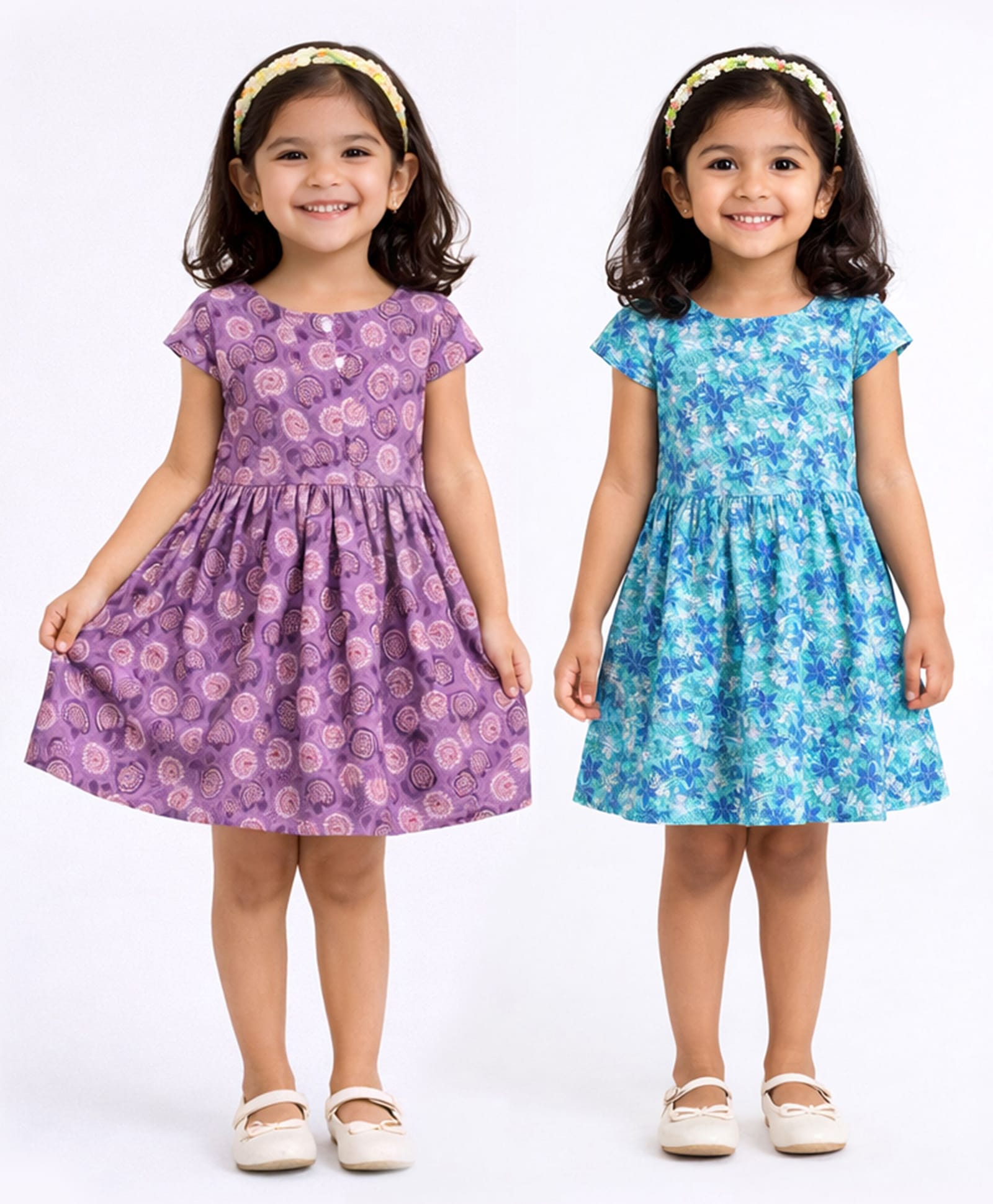 Funshine Cotton Blend Woven Pack Of 2 Abstract Printed Dresses - Purple & Green-image-1