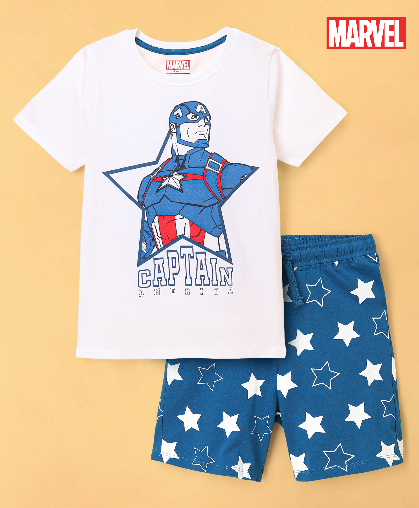 Honeyhap Marvel Single Jersey Knit Half Sleeves T-Shirt & Shorts with Caption America Graphics - White-image-36