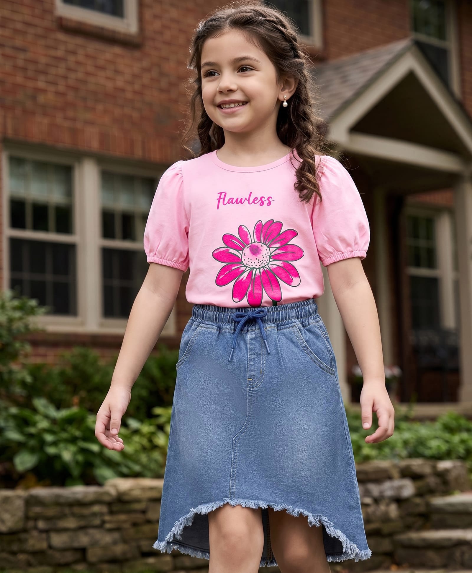 Ollington St. Cotton Sinker Knit Half Puffed Sleeves Floral Printed Top & Denim Skirt - Pink & Blue-image-17