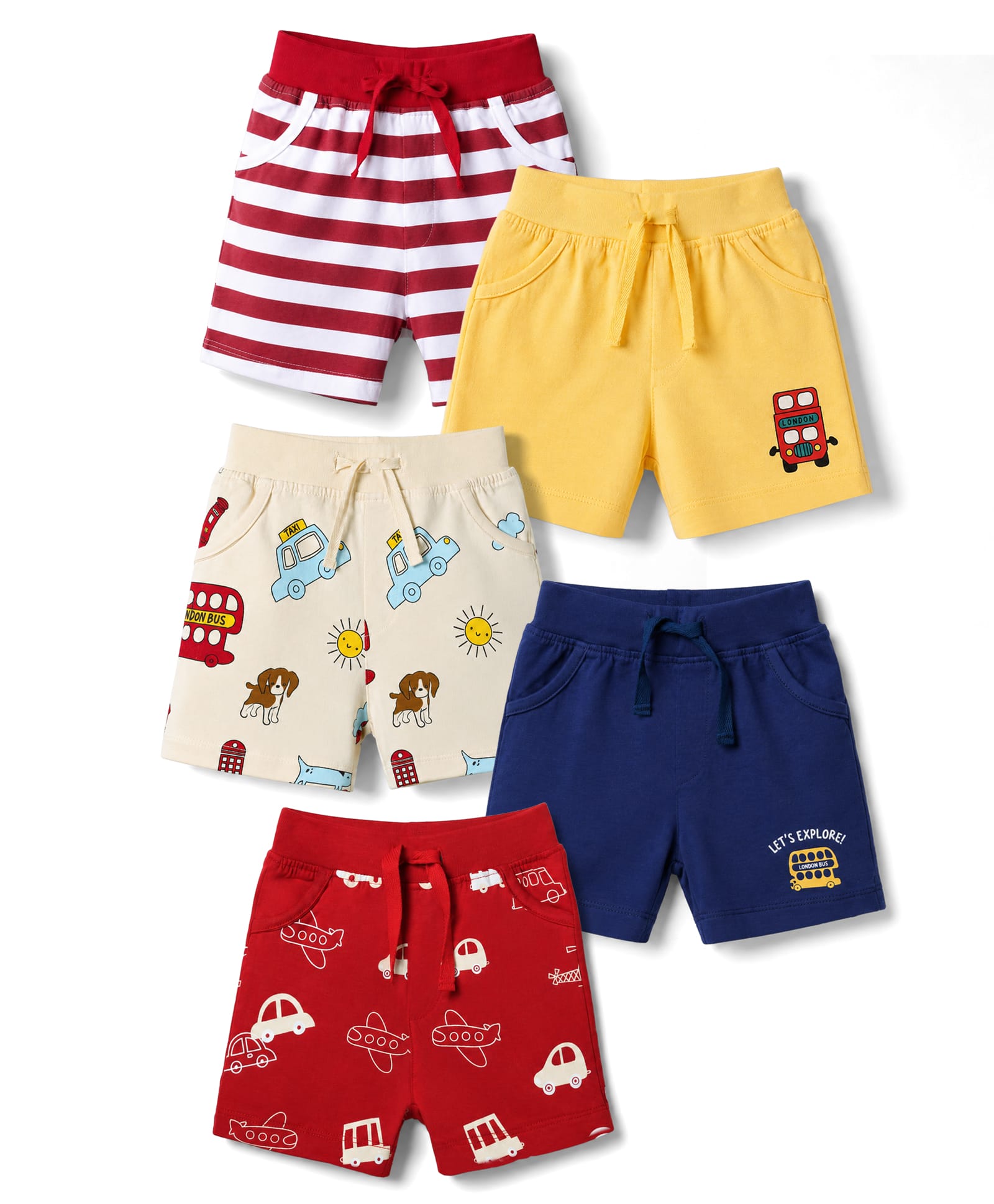 Doodle Poodle 100% Cotton Single Jersey Knit Knee Length Shorts with Car Print Pack of 5 - Navy Red & Yellow-image-22