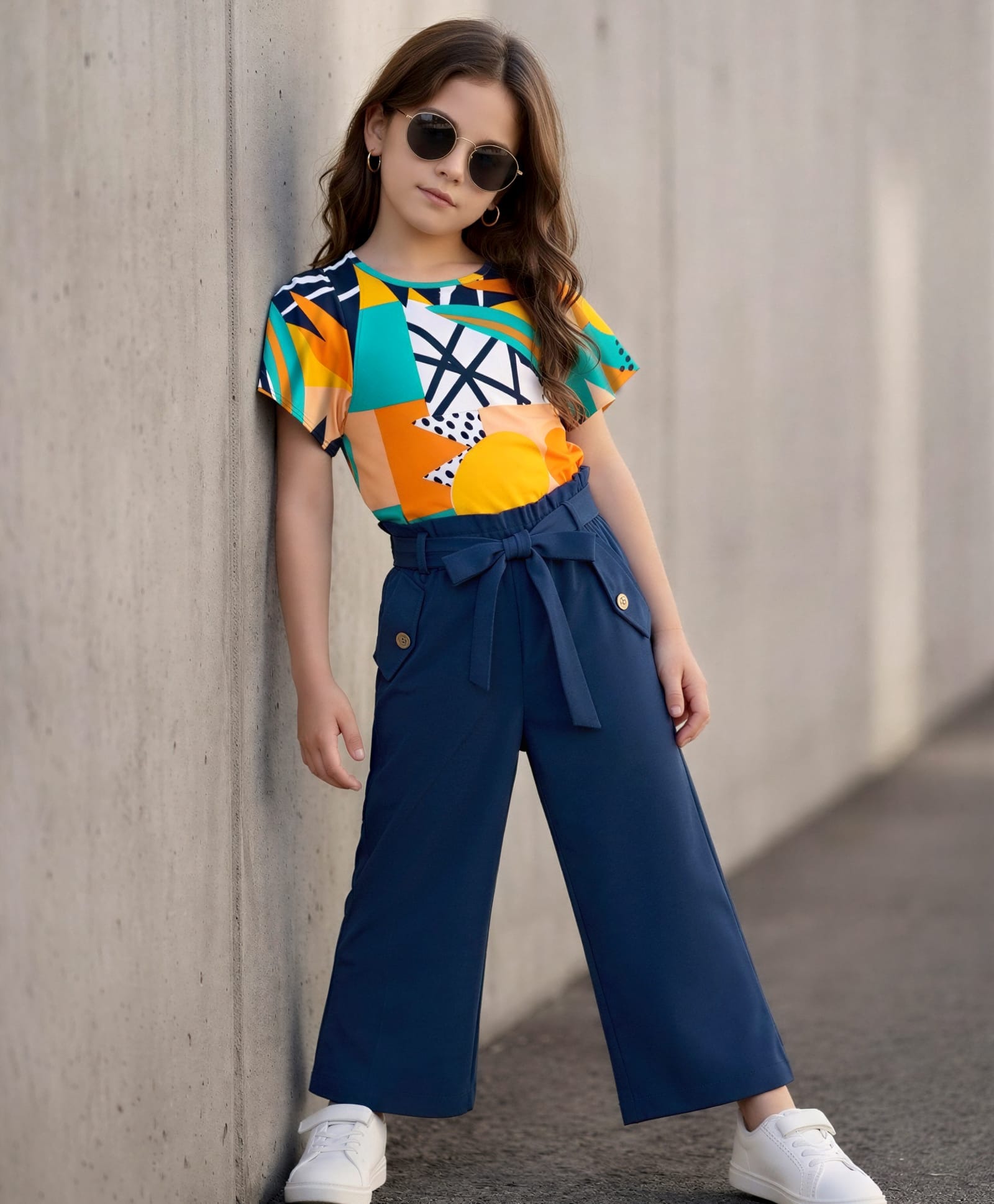 OLLINGTON ST. Cotton Knit Abstract Printed Half Sleeves Top & Culottes Set with Belt - White & Navy-image-1