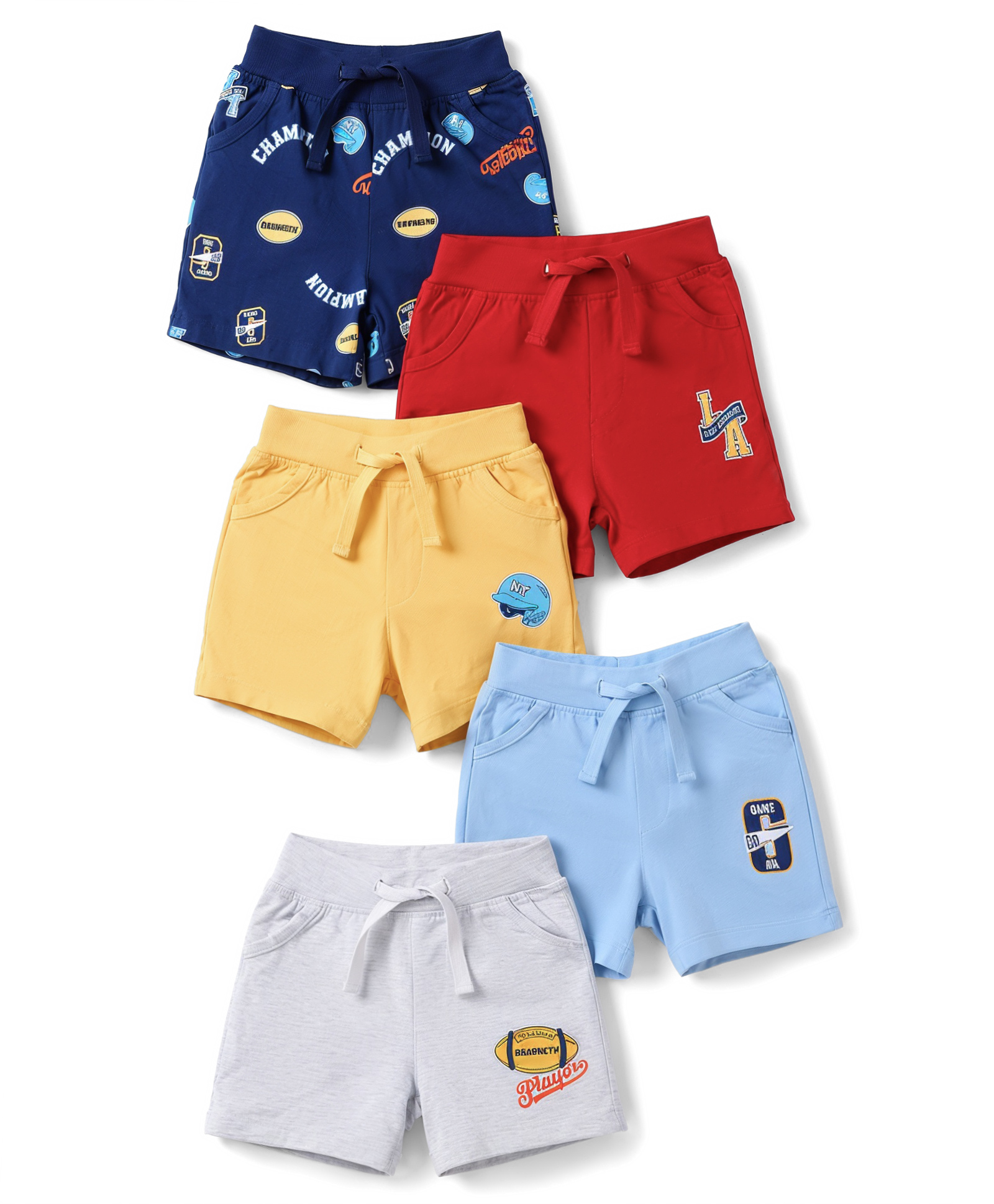 Doodle Poodle 100% Cotton Knit Knee Length Text & Sports Theme Printed Shorts Pack Of 5 - Red Navy Blue & Yellow-image-30