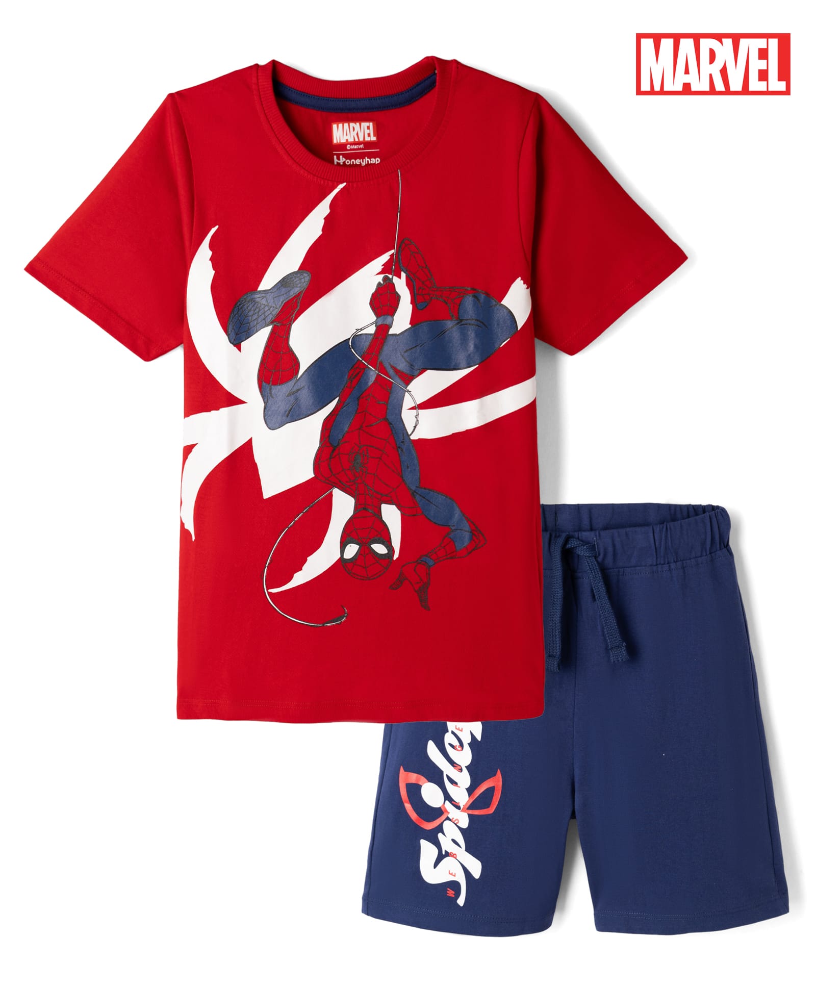 Honeyhap Marvel Single Jersey Knit Half Sleeves T-Shirt & Shorts Night Suit WIth Spiderman Graphics - Red & Navy Blue-image-24