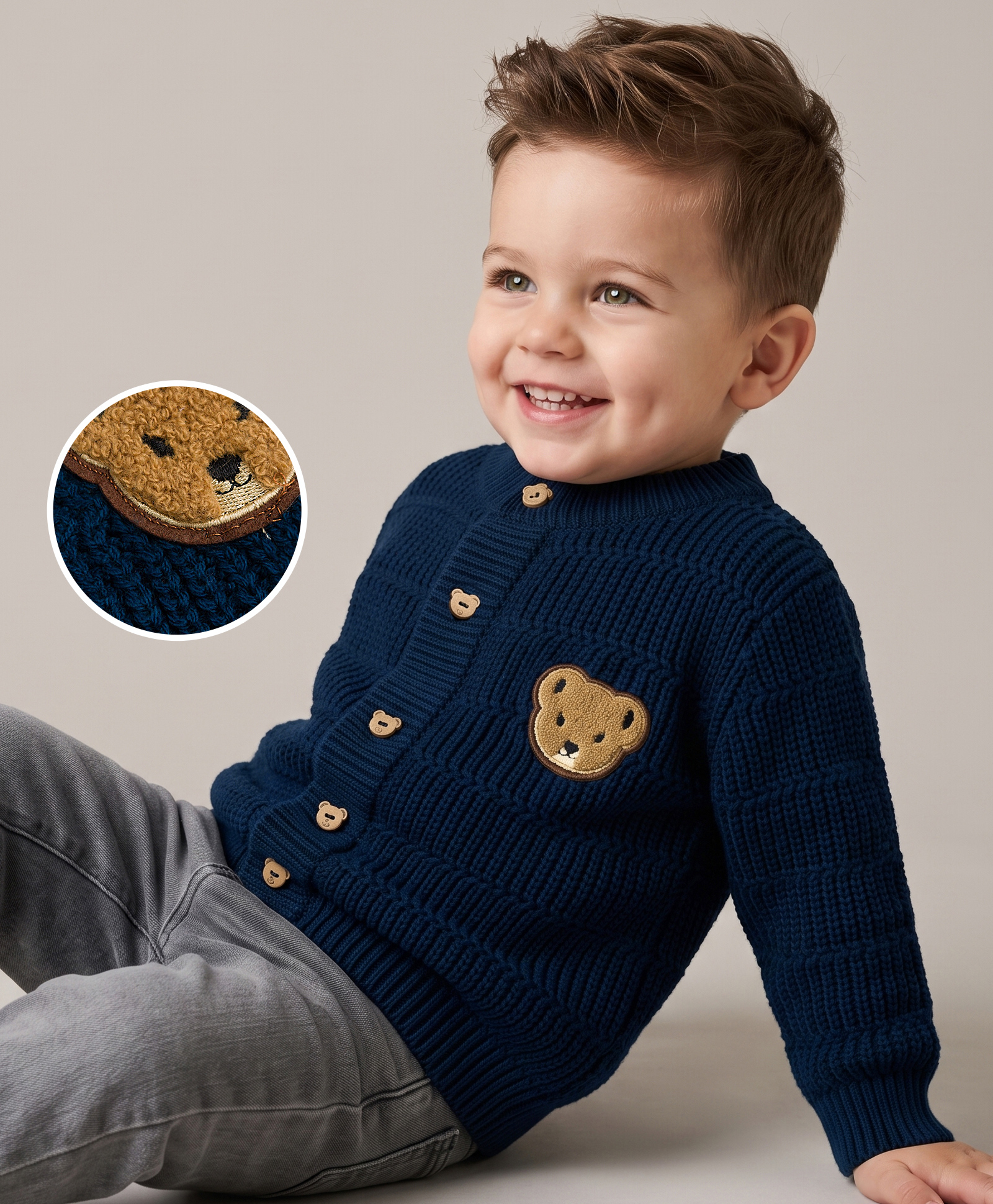 Babyoye Cotton Knit Full Sleeves Front Open Sweater With Bear Patch & Cable Knit Design - Navy Blue-picture-38