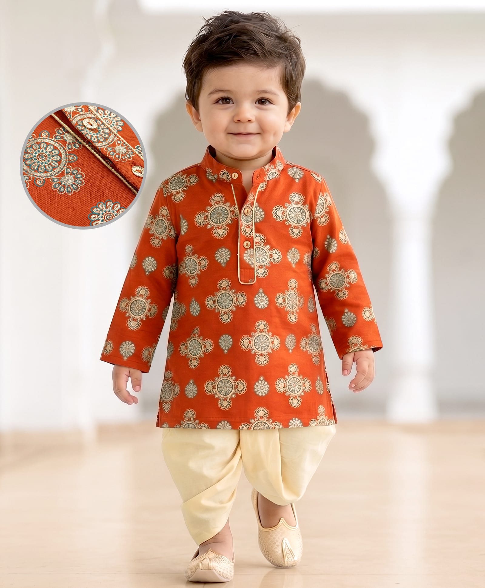 EARTHY TOUCH Cotton Jersey Knit Full Sleeves Kurta Dhoti Set with Floral Foil Print -Rust Orange-picture-35
