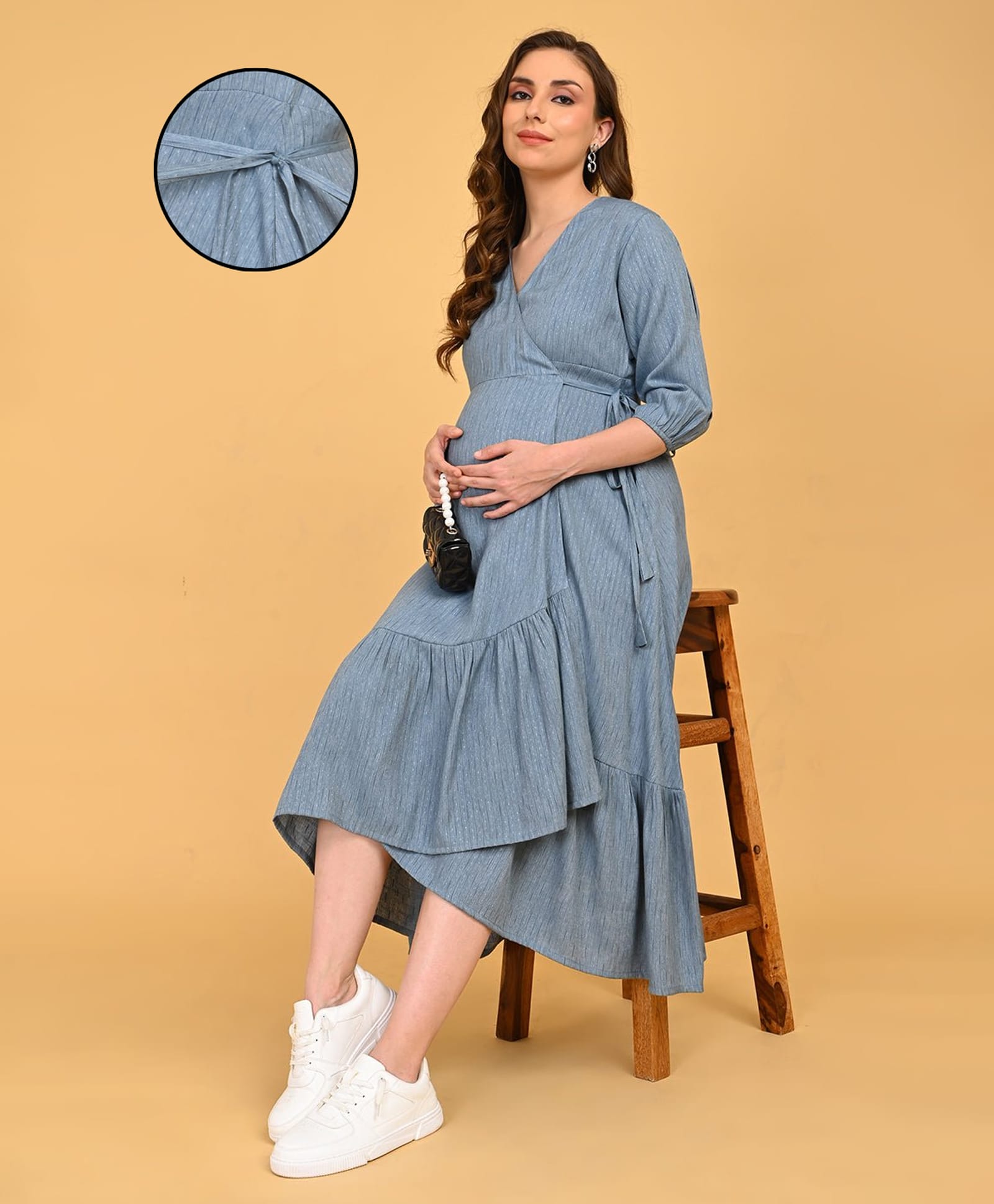 The Mom Store Rayon Woven Three Fourth Sleeves Solid Maternity Dress - Grey-image-2