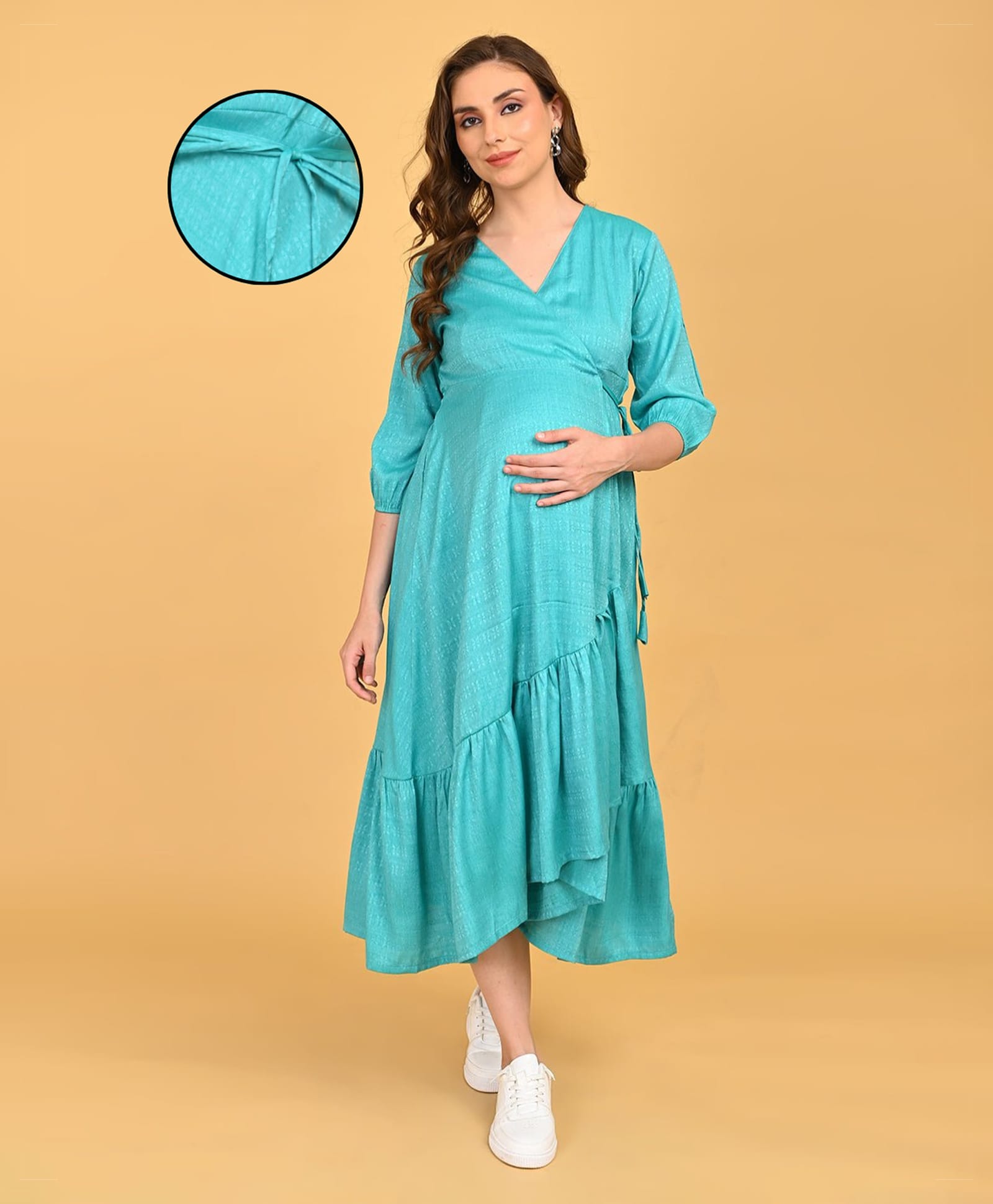 The Mom Store Rayon Woven Three Fourth Sleeves Solid Maternity Dress - Turquoise-picture-29