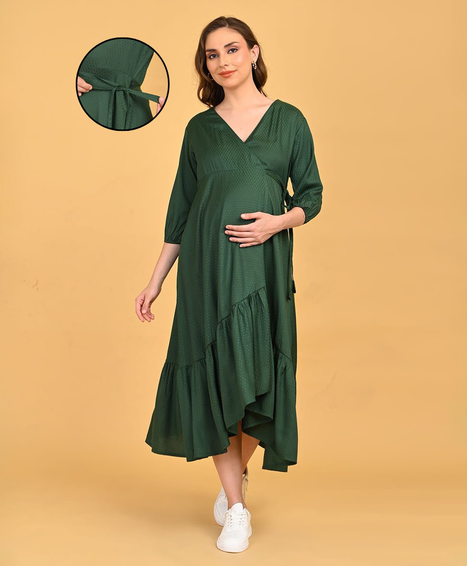 The Mom Store Rayon Woven Three Fourth Sleeves Solid Maternity Dress - Green-picture-34