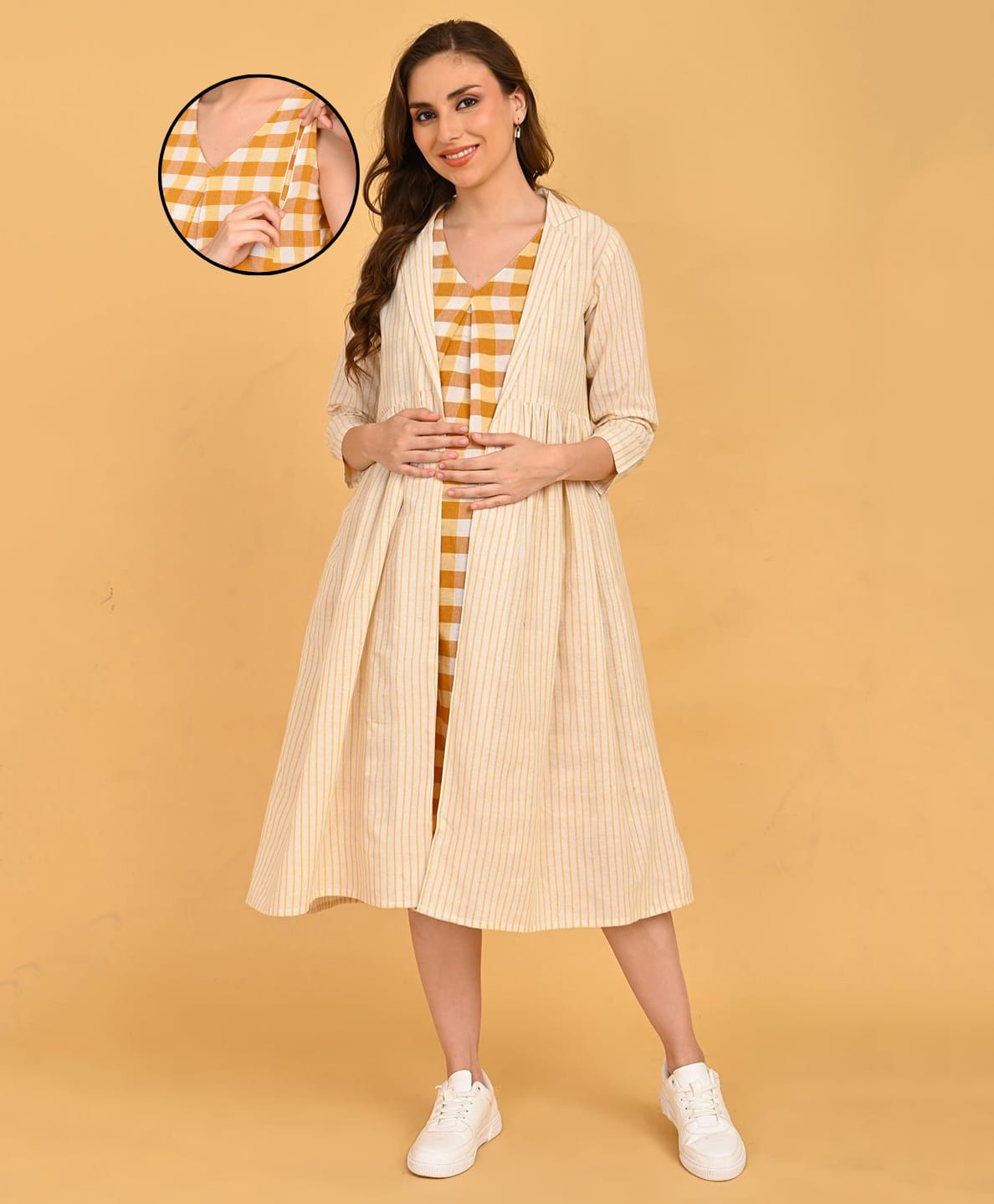The Mom Store Cotton Woven Checked Dress With Side Zipper Nursing Access & Three Fourth Sleeves Striped Shacket - Mustard-image-7