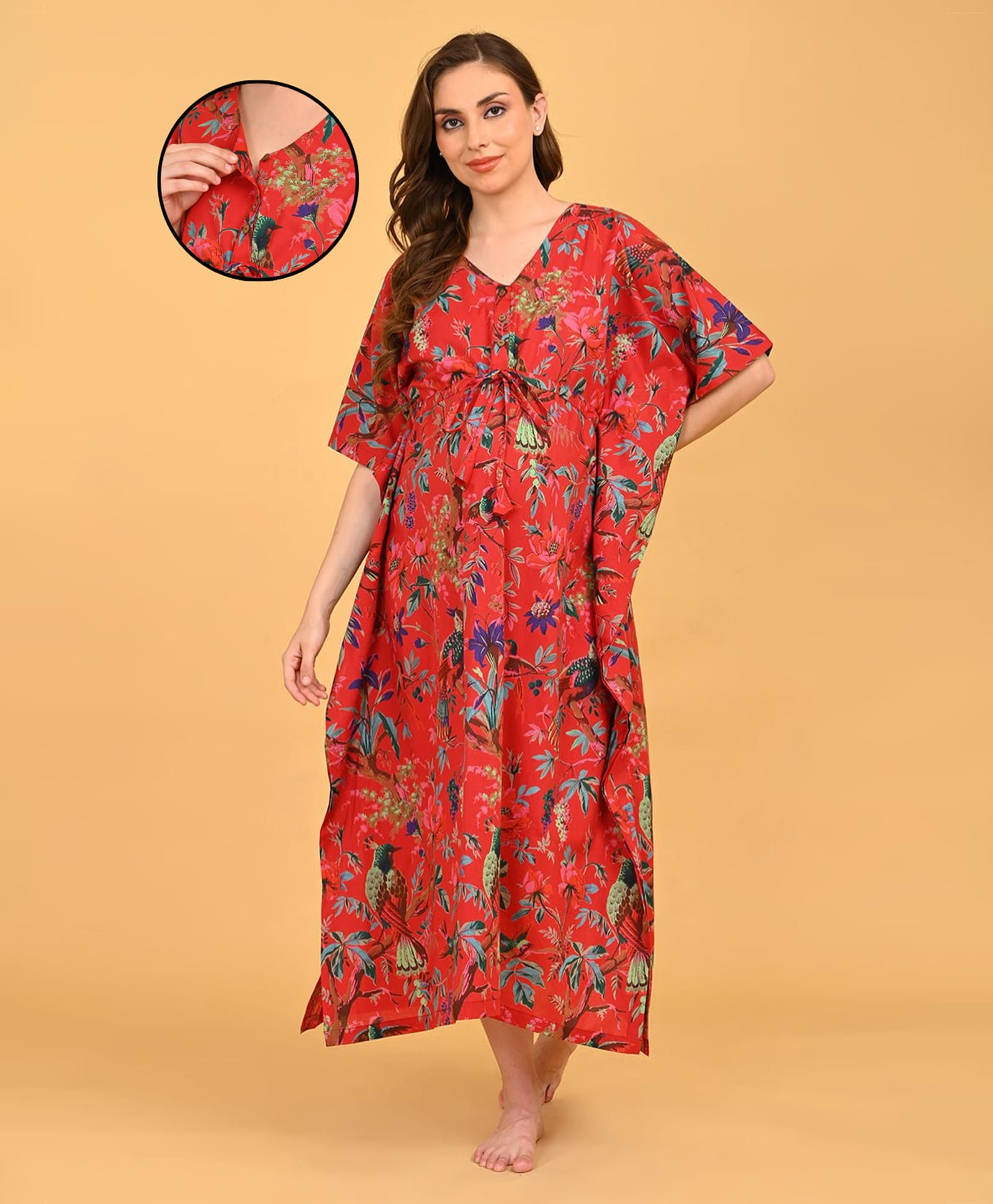 The Mom Store Cotton Woven Half Sleeves Floral Printed Maternity Kaftan Nighty Front Open Nursing Access - Red-image-29