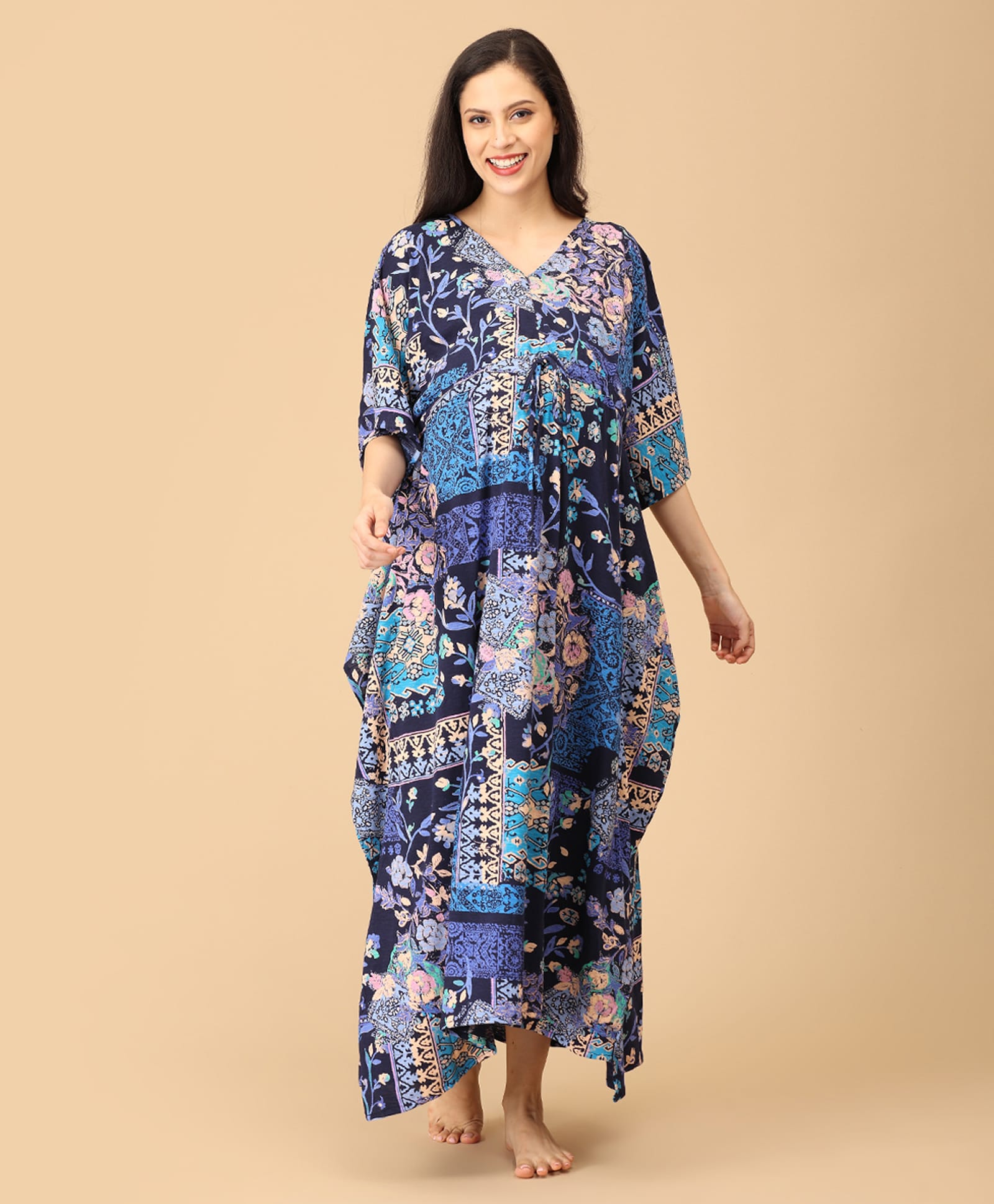 The Mom Store Cotton Woven Half Sleeves Abstract Printed Maternity Kaftan Nighty - Multi Colour-picture-2