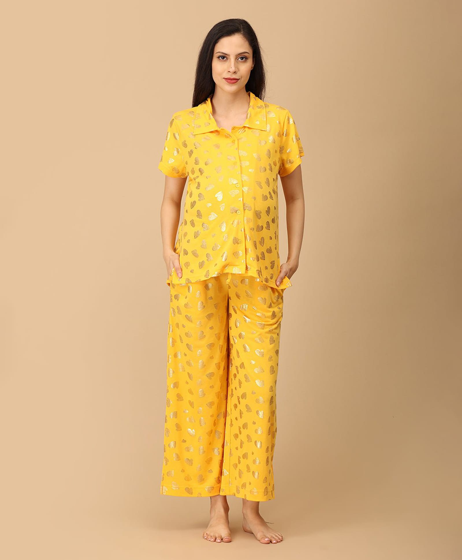 The Mom Store Cotton Woven Half Sleeves Heart Foil Printed Coordinating Maternity Shirt & Pant Night Suit With Front Open Nursing Access - Yellow-image-22